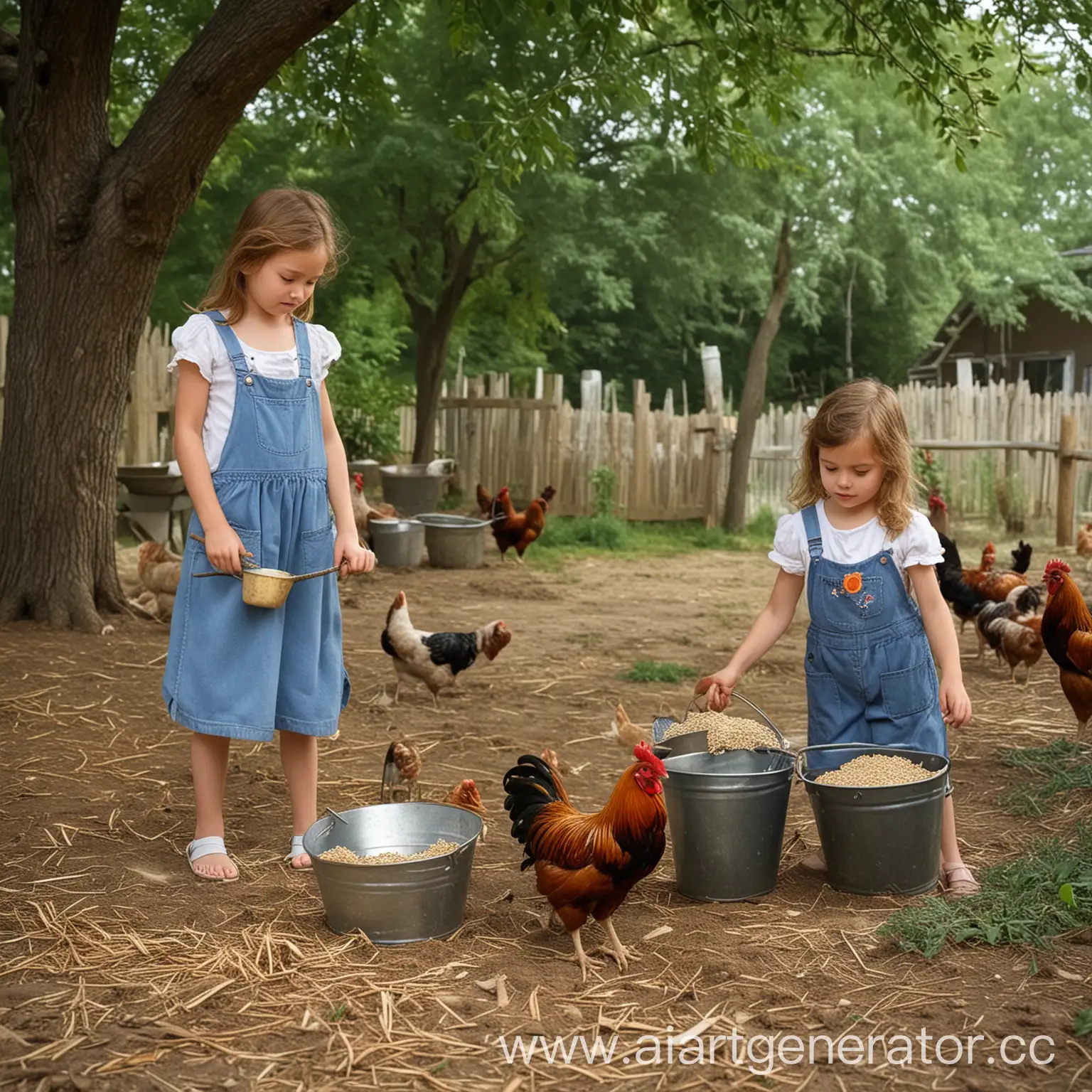 деревенский птичий двор лето во дворе 5 куриц и петух клюют зерно, две девочки 6 лет кормят их зерном в руках одной из них бидон с кормом, вдали стоят несколько деревьев  