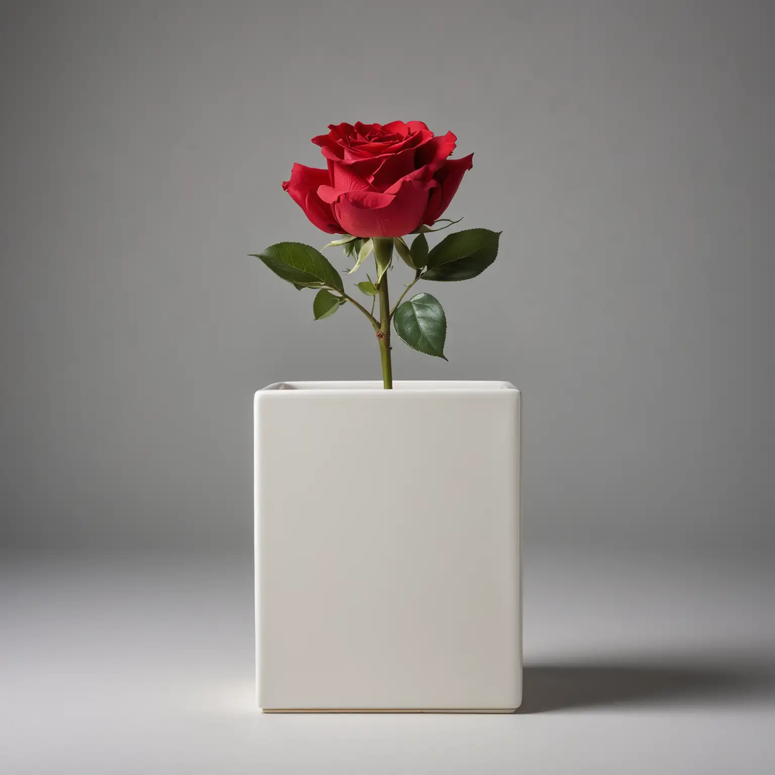 a symmetrically even white square vase holding a single red rose blossom head, no stem is showing