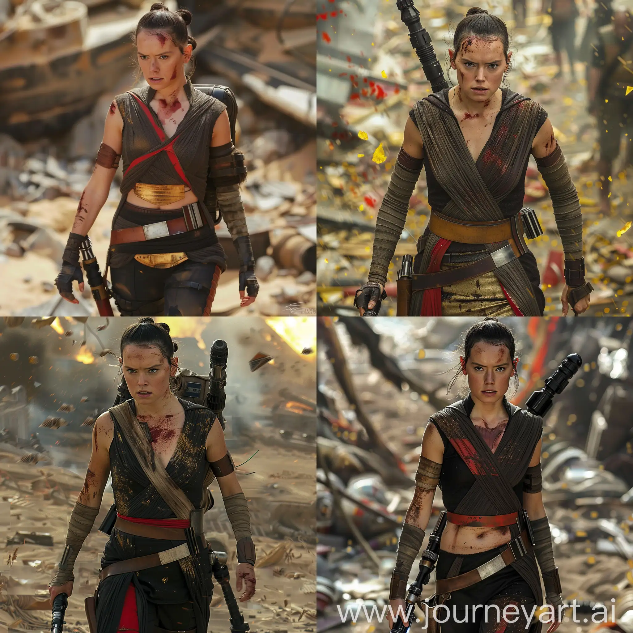 make several images of Rey Skywalker with a new, very tight black, red and gold, modern costume, similar to a corset, with a deflated belly, with a  larger bust , thin arms , very athletic, with scars and dirt, wearing a backpack and saber, like a wise Jedi master, walking like a traveler in a space environment with lots of debris, looking at the camera, camera zooms in close to her face