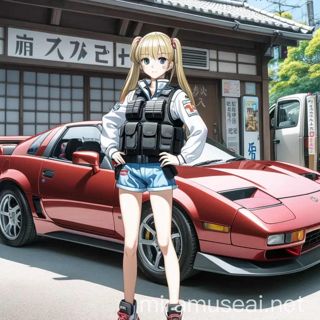 An Anime Girl with a Bulletproof West is standing next to a JDM Sports car