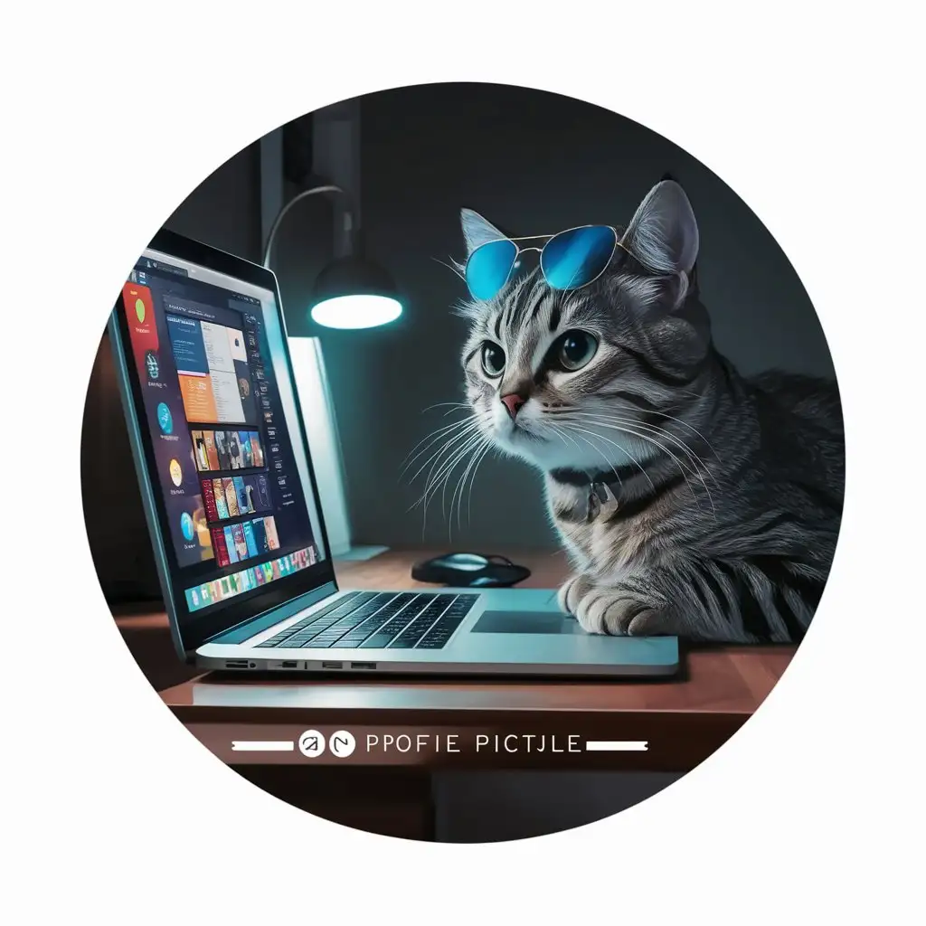 Cool cat looking in laptop, circle profile picture