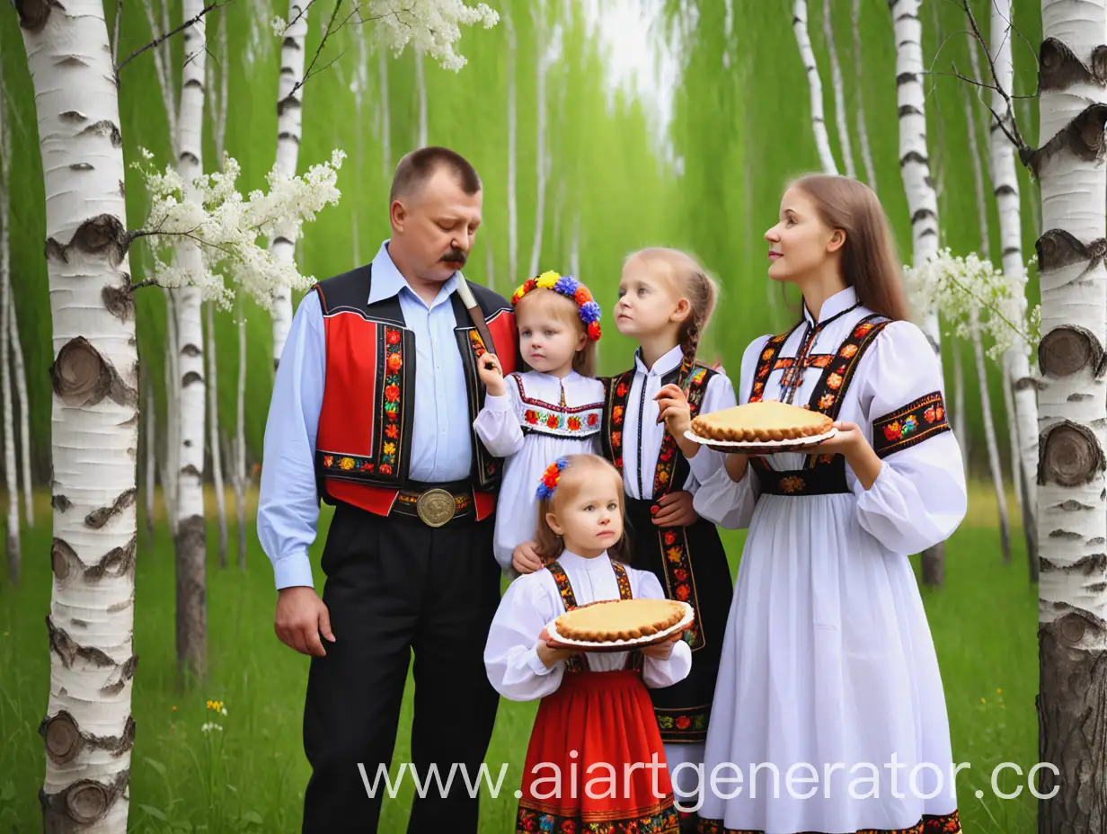 Семья из 4 человек: папа, мама, дочка и сын. Все они в чувашских национальных костюмах стоят под красивыми березами. Папа с гармонью, мама держит пирог, дочка держит цветы а сын просто стоит