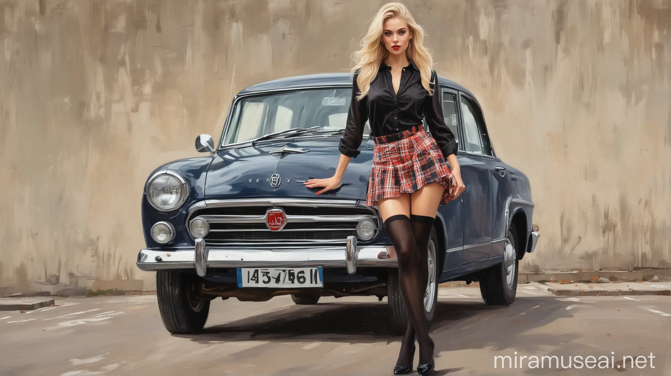 Blonde Woman in Black Stockings and Heels Standing by a Car