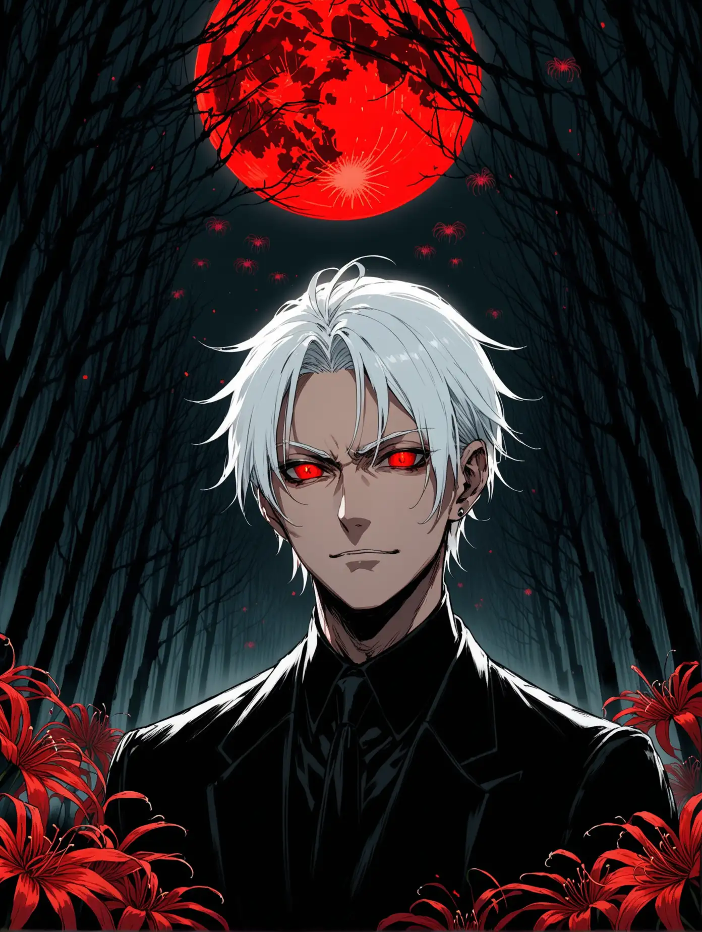 Arrogant-Man-with-White-Hair-and-Red-Eyes-in-Night-Forest-Graveyard