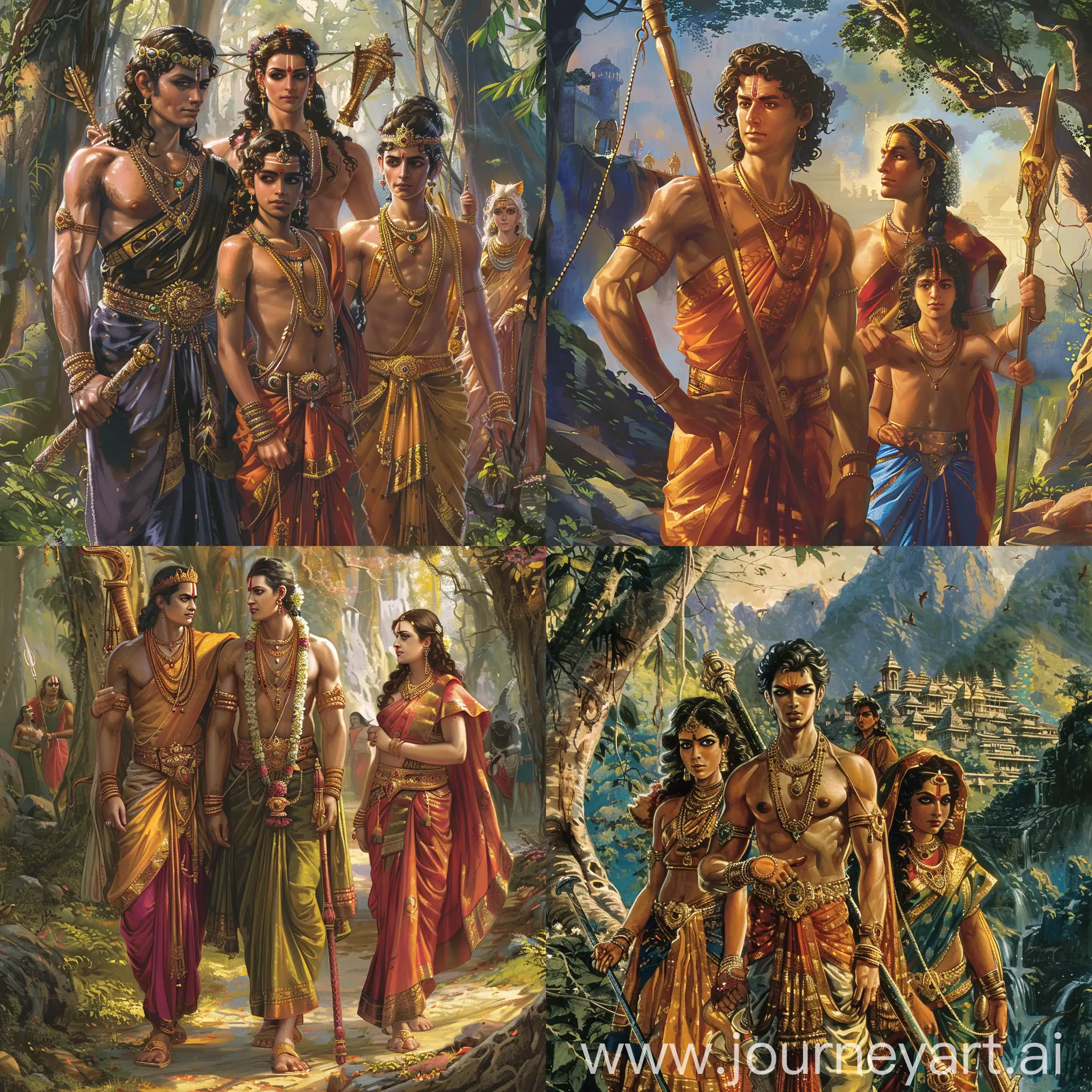 A Prince's Exile: King Dasharatha of Ayodhya has four sons, with Rama, the eldest, being the rightful heir. However, due to a series of unfortunate events and a queen's cunning wish, Rama is banished to the forest for fourteen years along with his wife Sita and loyal brother Lakshmana.