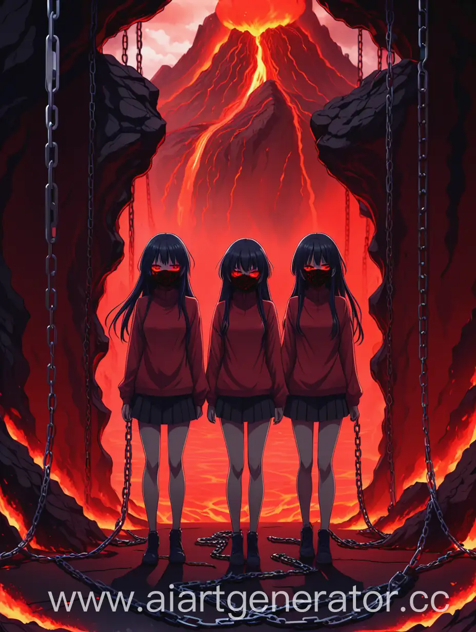 Background in anime style red without person , on the background add lava and chains, two girls with hidden faces