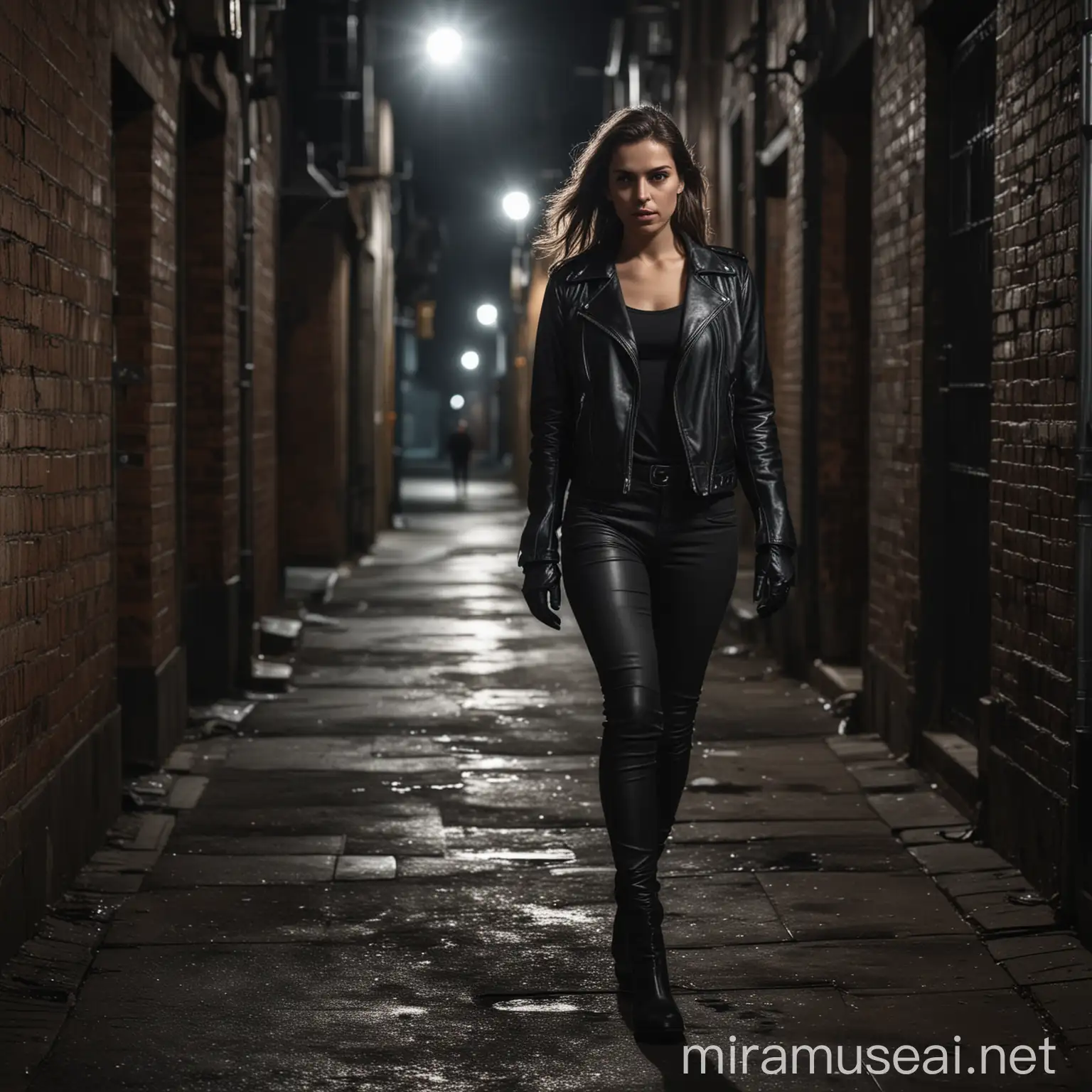 A realistic photo of a young woman, wearing a black leather jacket gloves and pants, walking at night in a dark alley, dramatic lighting