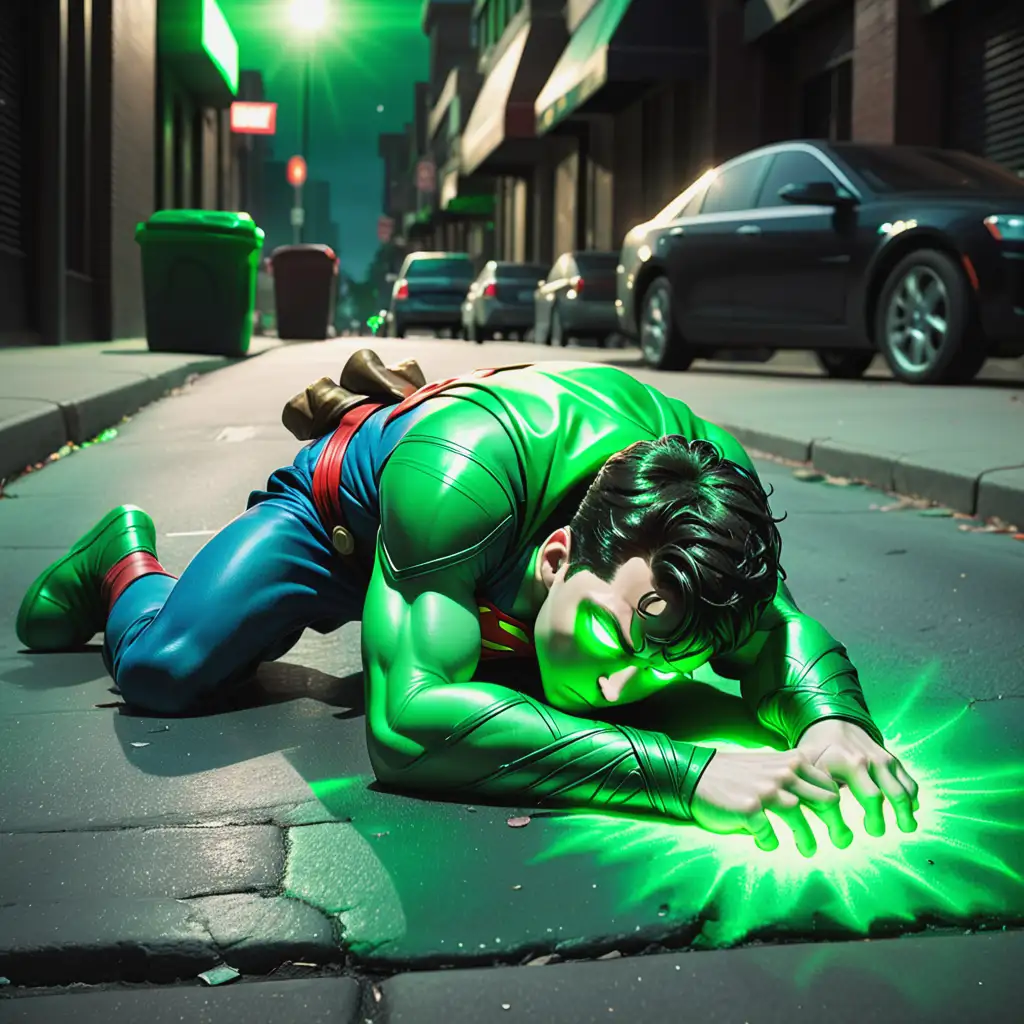 Super boy laying flat, face down on the street powerless from kryptonite green glow 