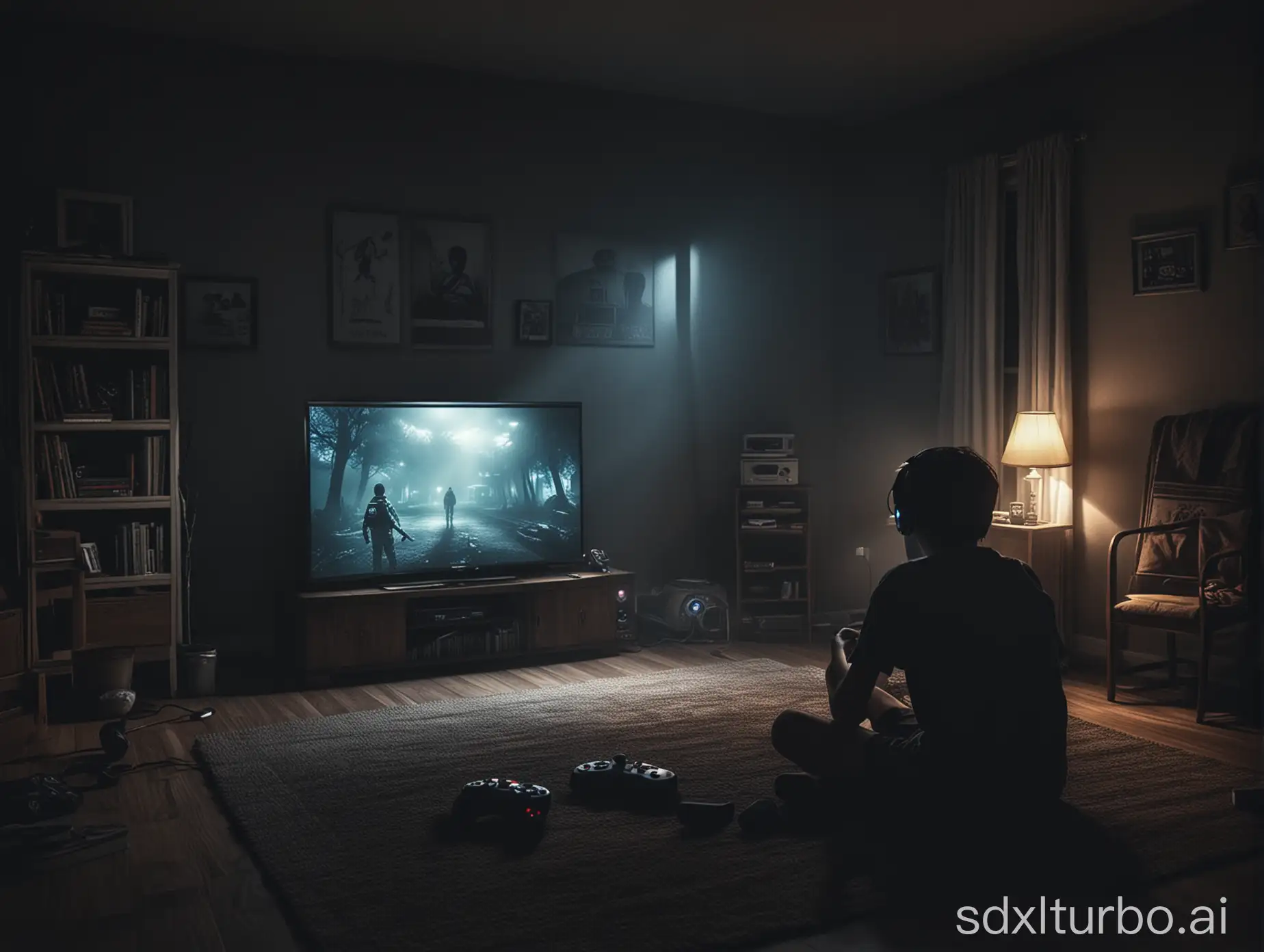 Create a high resolution, 16:9 aspect ratio, image about "true gaming scary stories". Show one boy playing video games in the center of the picture, alone, in front of a TV, at night, dark room, menacing video game, console, night lights, photorealistic, dark, sketchy, atmospheric, catchy, vibrant colors, must pop and catch attention.