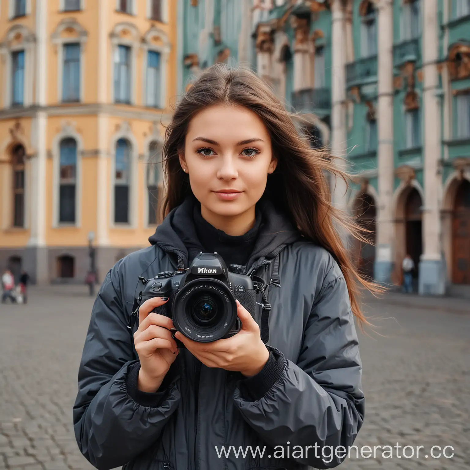 красивая девушка видеограф с камерой в руках на фоне санкт-петербурга