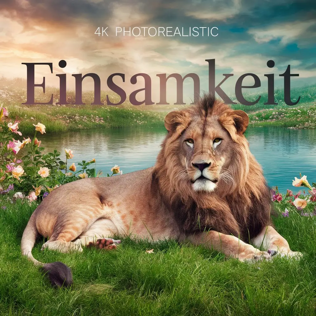 großer Text: ''Einsamkeit'', löwe sitzt im gras, am see, blumen, paradies, 4k, fotorealistisch, 