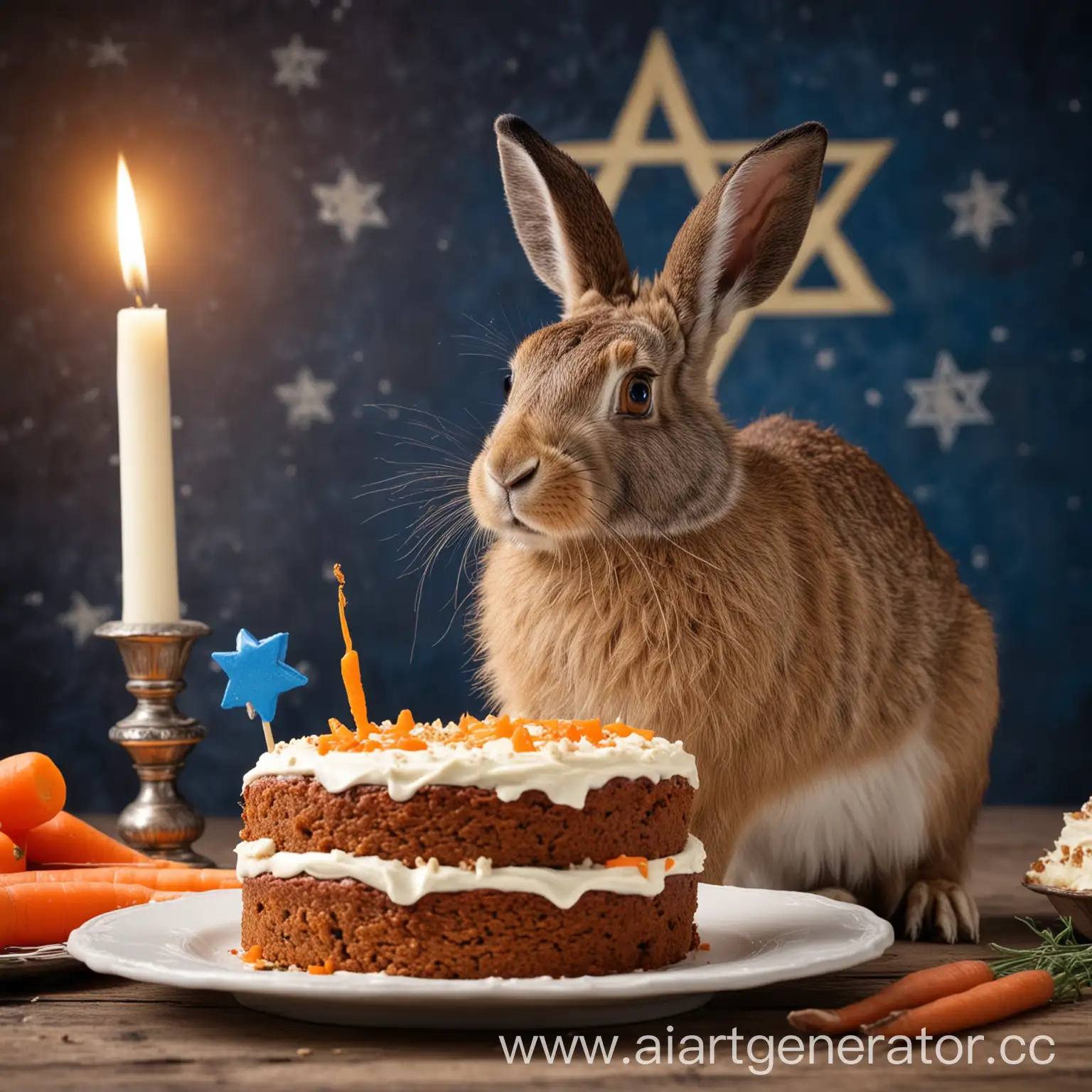 wild hare eatinig carrot cake on his birthday celebrating,  Hanukkah and blue star of David on background