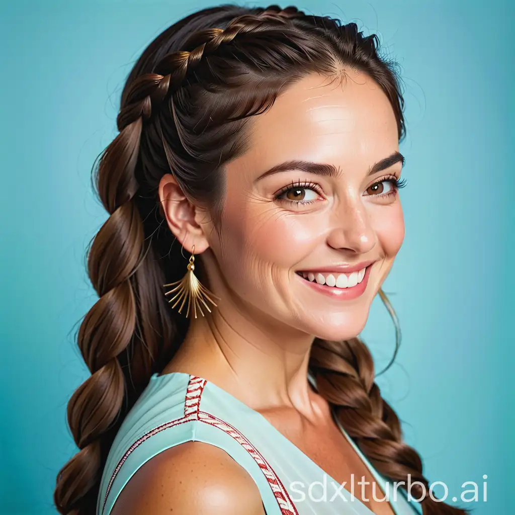 a middle aged woman who is thicker smiles contently. Her long brown hair is in two braids that are wrapped around her head, she has dark brown eyes. She is wearing a breezy dress
