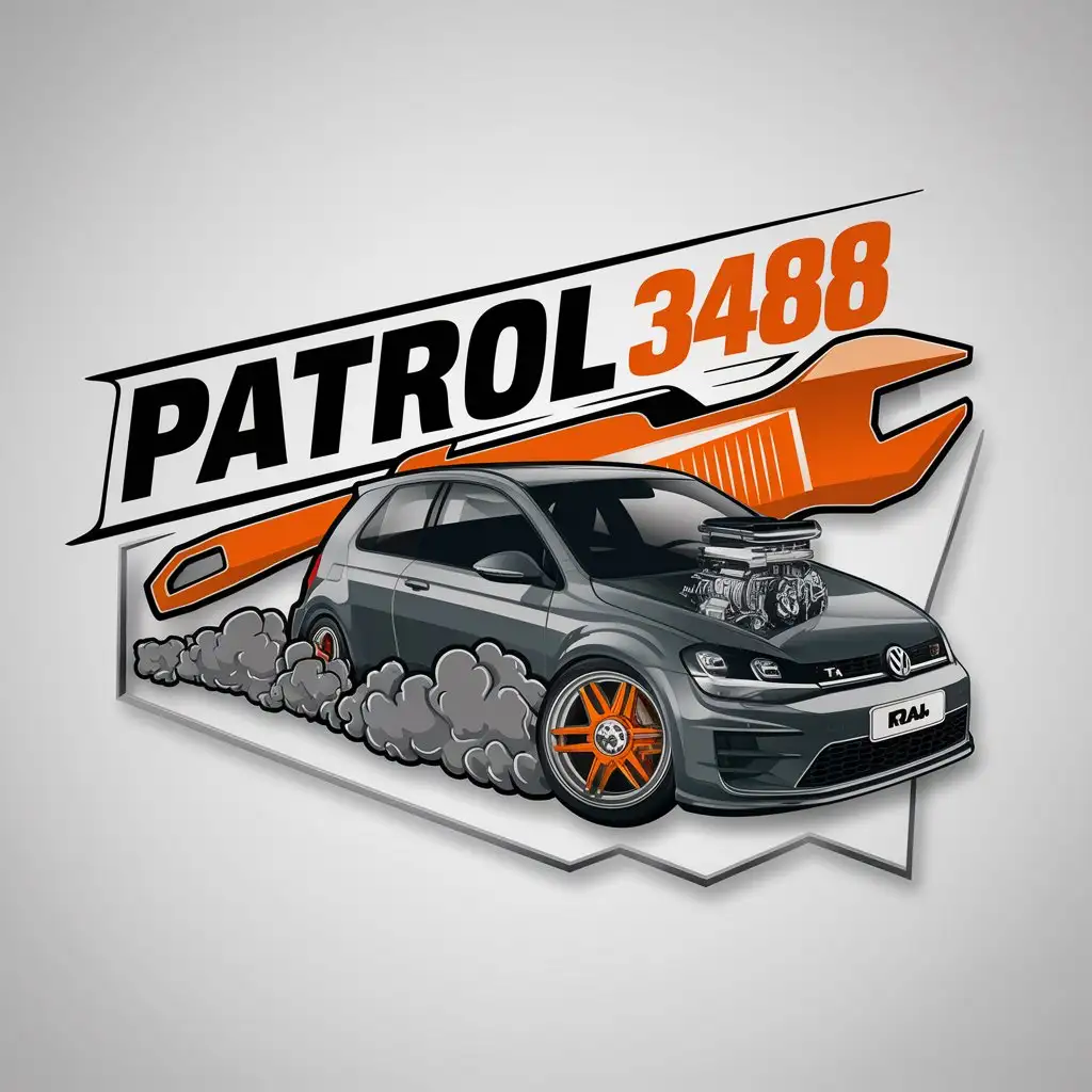 a logo design,with the text "Patrol 3488", main symbol:Orange tools mechanic Vw t6.1 breakdown cars smoke rac wheel engine,complex,be used in Automotive industry,clear background