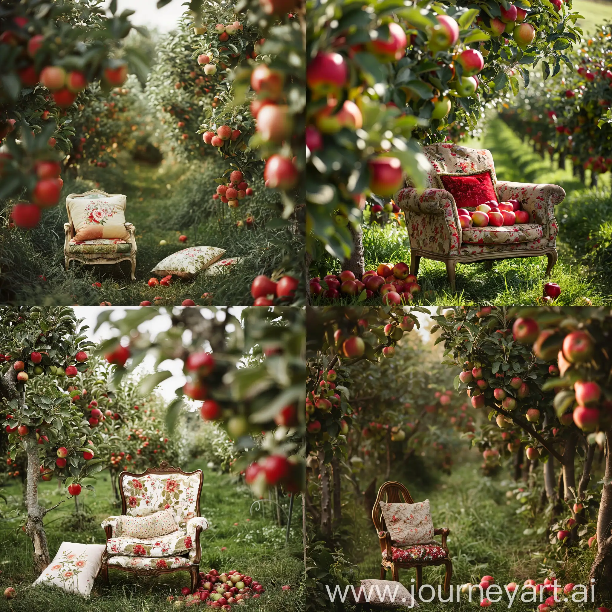 яблоневый сад, кресло, подушки