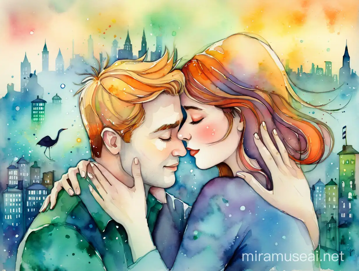 Romantic Couple Embracing in Watercolor Cityscape