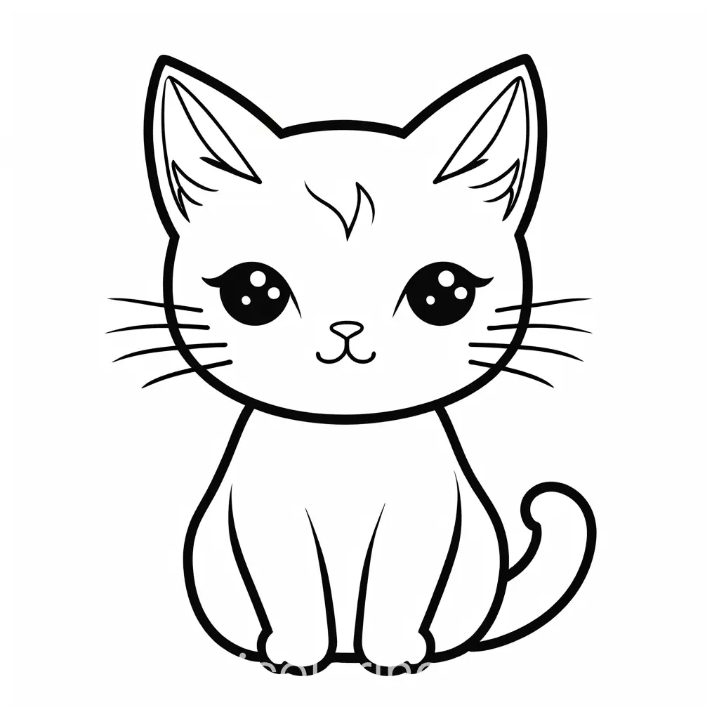 a cute cat kawaii style, Coloring Page, black and white, line art, white background, Simplicity, Ample White Space. The background of the coloring page is plain white to make it easy for young children to color within the lines. The outlines of all the subjects are easy to distinguish, making it simple for kids to color without too much difficulty