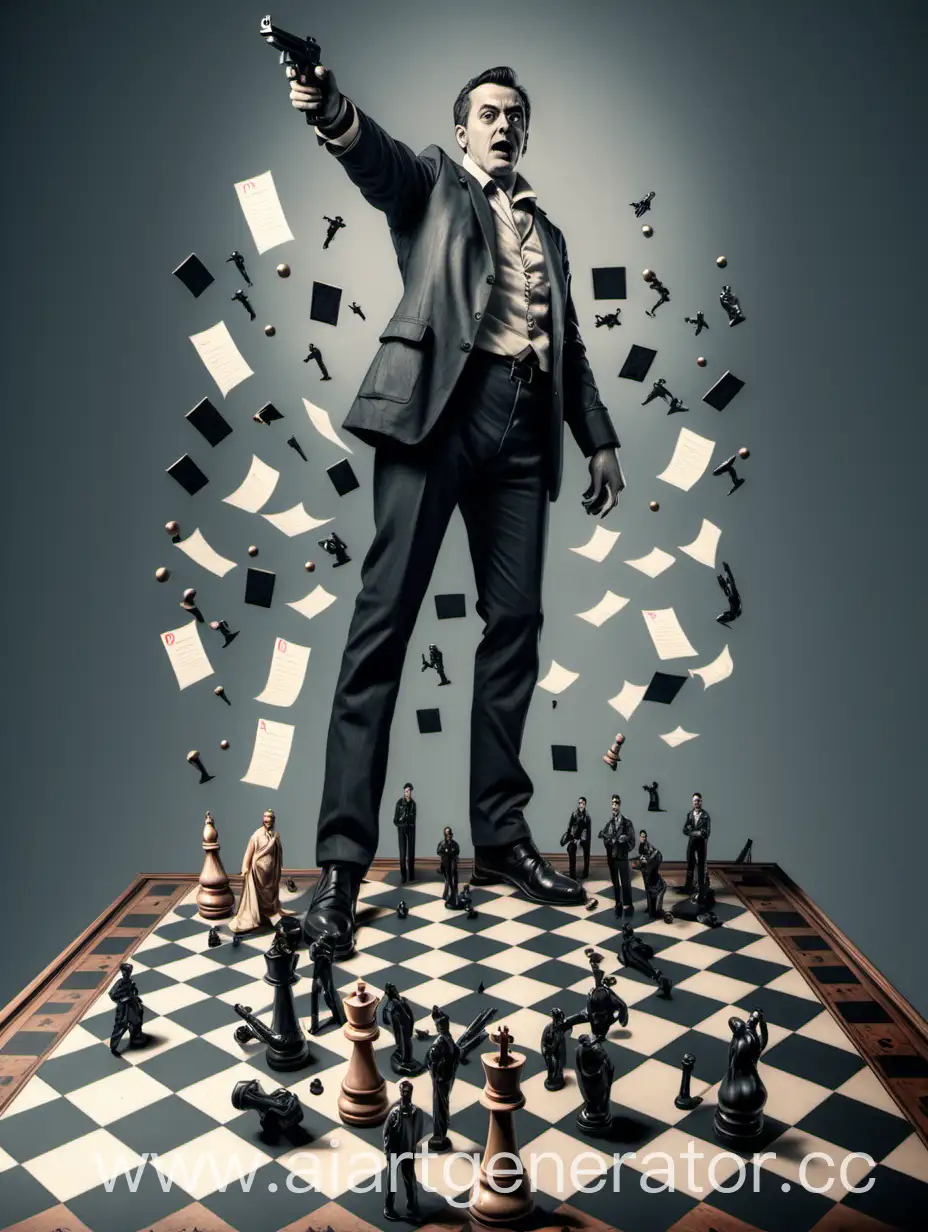 Man-Standing-on-Chessboard-with-Falling-Letters-and-Pistol