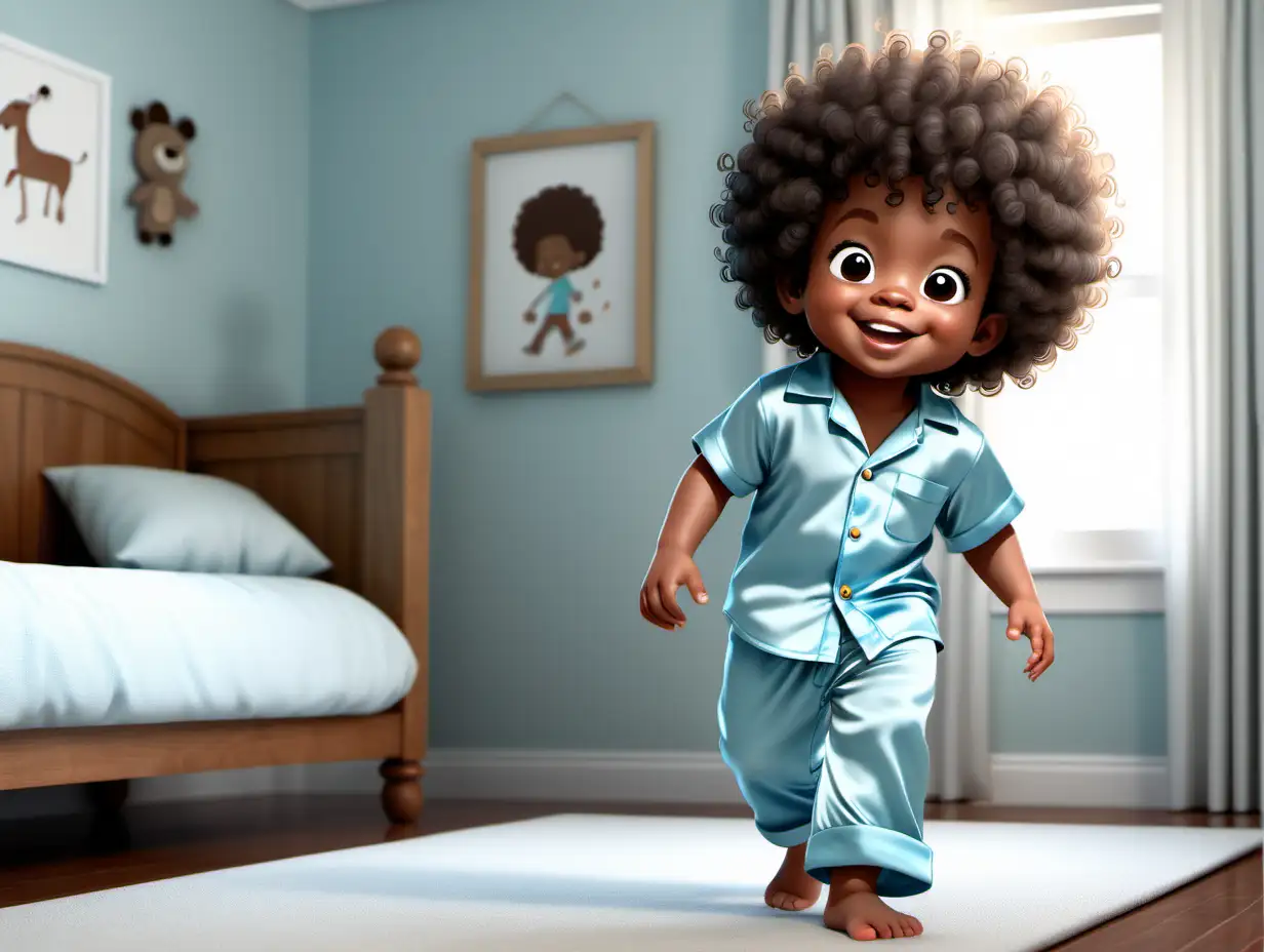 cartoon african american little boy with big curly afro, age 2, wearing light blue silk pajama pants set short sleeve shirt, walking happily in his bedroom