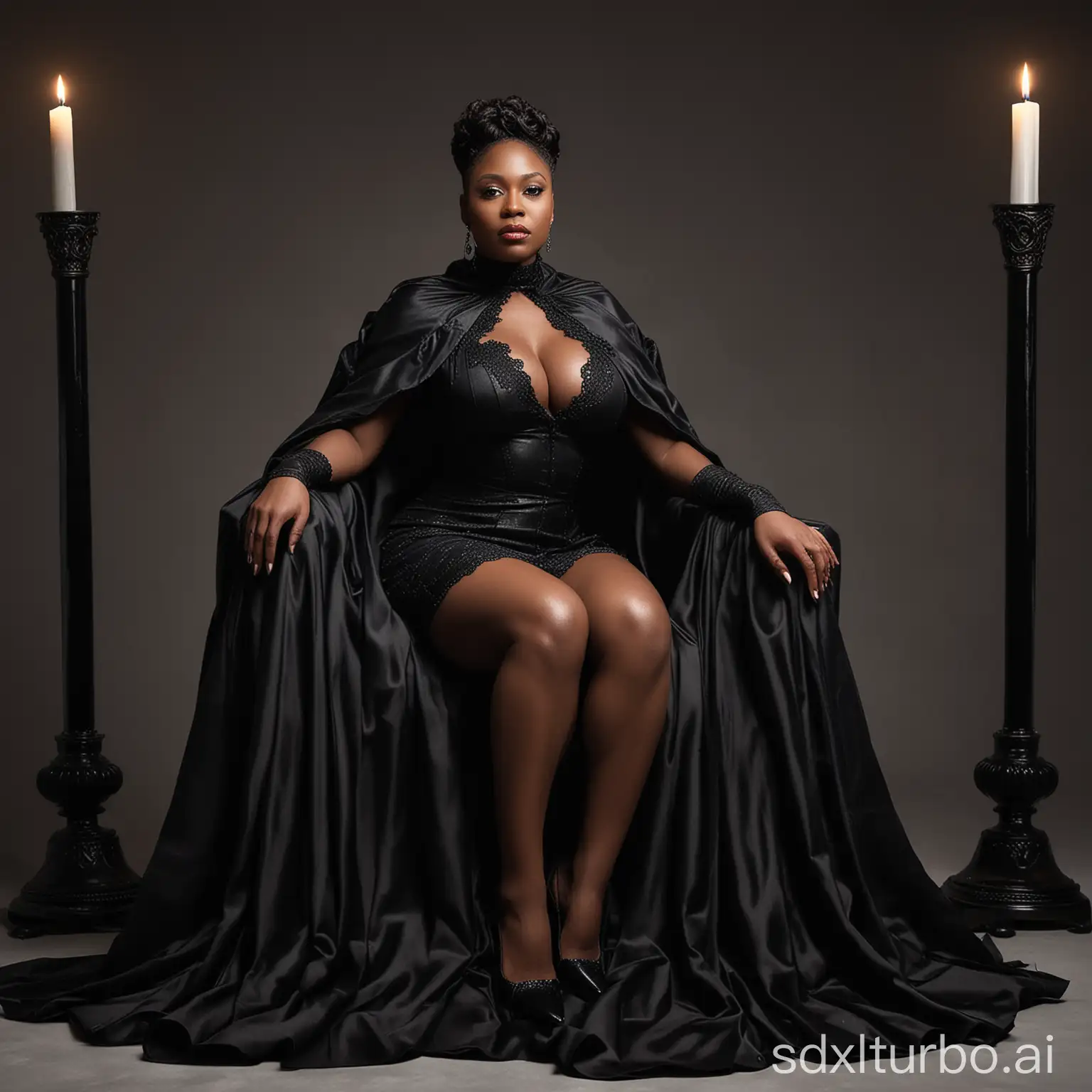 A stunning photograph of a powerful and majestic busty black woman sitting gracefully on a luxurious black throne. She exudes confidence and command, dressed in a mesmerizing black cape with a high collar, which drapes elegantly over her shoulders. Her sophisticated attire shows her exquisite taste and imposing presence. High heel shoes add a sensual touch to the scene, enhancing its balance and grace. A single candlestick adorned with black candles stands proudly beside her, casting a warm, inviting glow that envelopes the scene with an air of mystery and strength. This captivating image is a bold statement of power, confidence and beauty, leaving a lasting impression on all who behold it.,