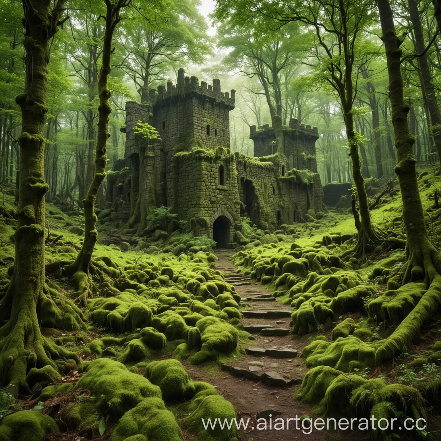 яркий зеленый лес на опушке вход в подземелье а в далеке виднеется старинный поросший мхом замок
