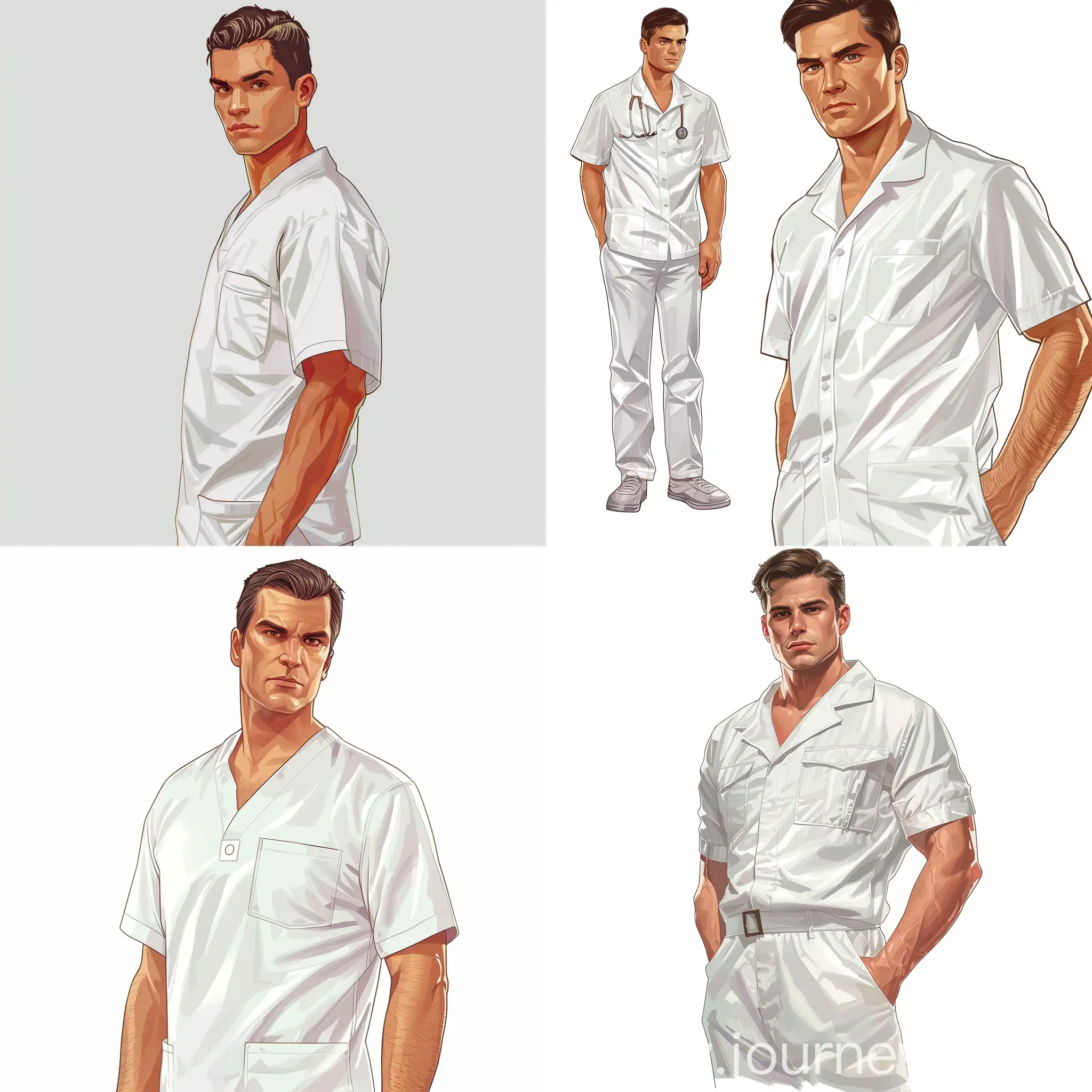 Нарисуй молодого красивого хирурга в белой униформе в полный рост. Рисунок в стиле компьютерной игры GTA 5. Фон белый.