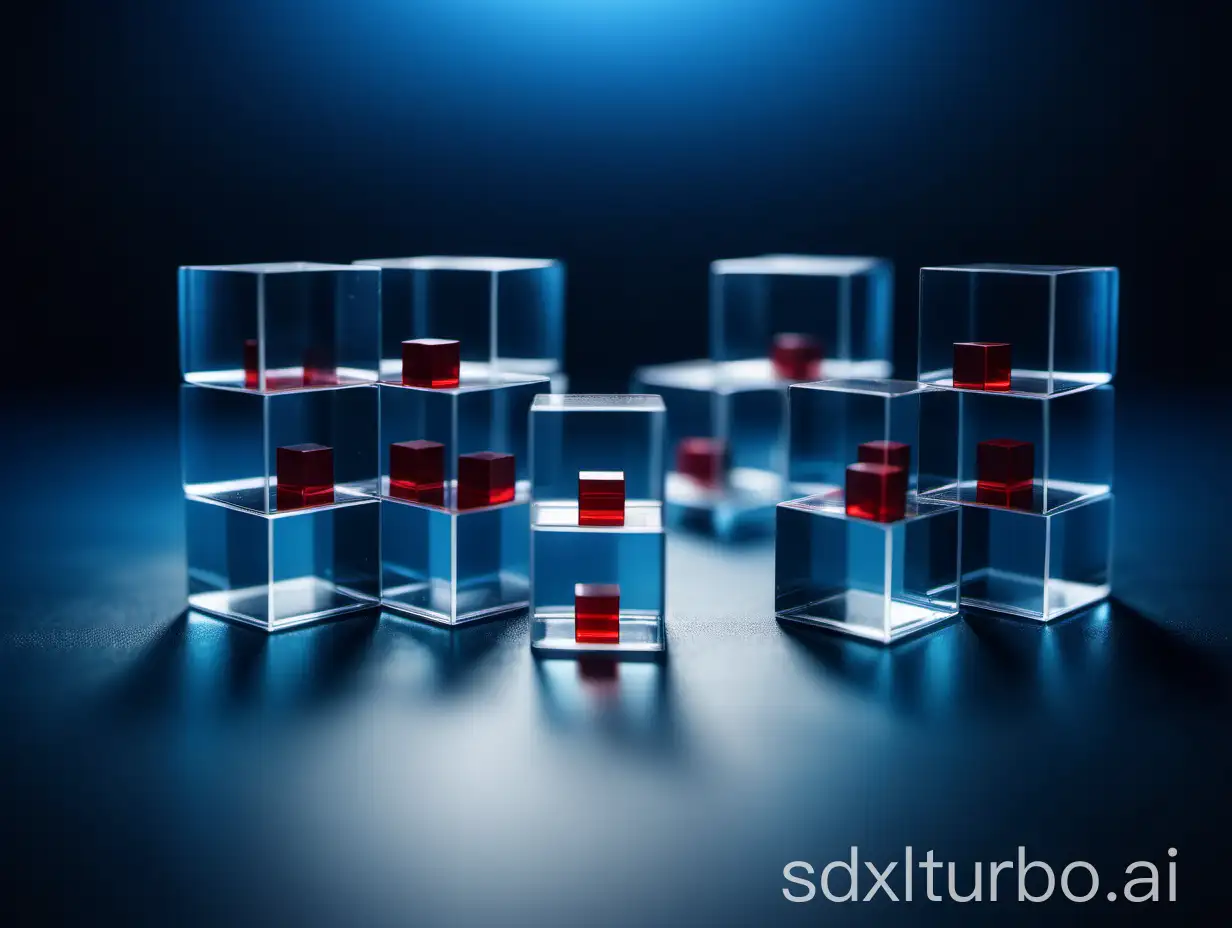 inline buchs of transparent cubes with few red cubes, floating in blue empty space, depth fades in blur