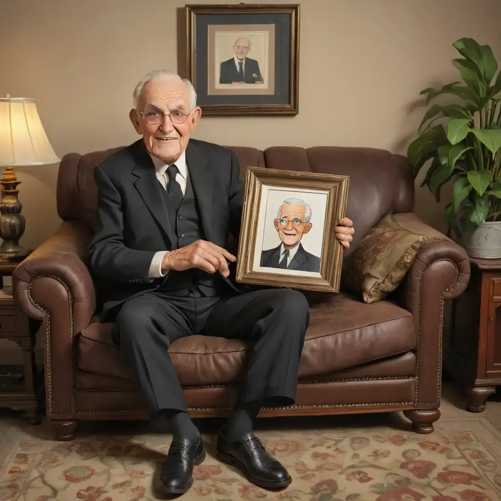в полный рост мультяшный 80 летний мужчина в черном костюме сидит на диване в костюме в полный рост держит в руках рамку с фотографией 