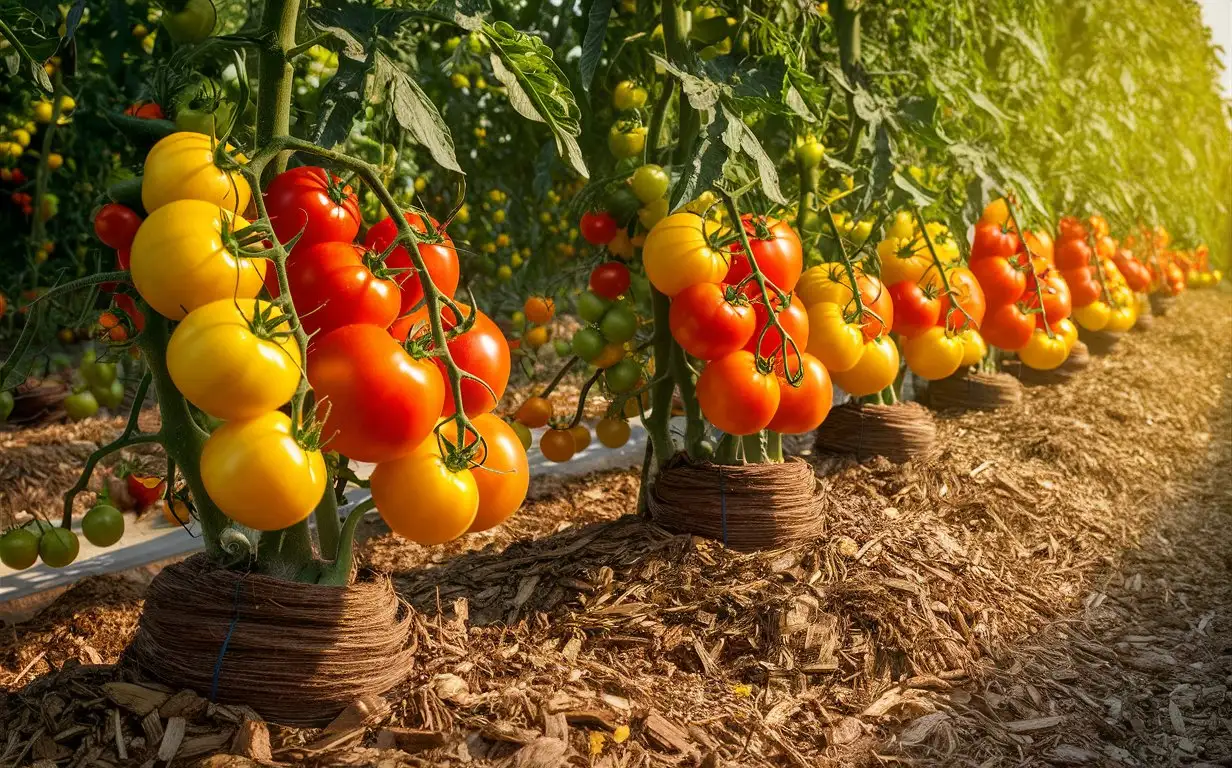 tomatoes growing in an open field, yellow-orange fruits mixed with mature bright red luscious fruits, soils neatly bunded at roots with brown mulch