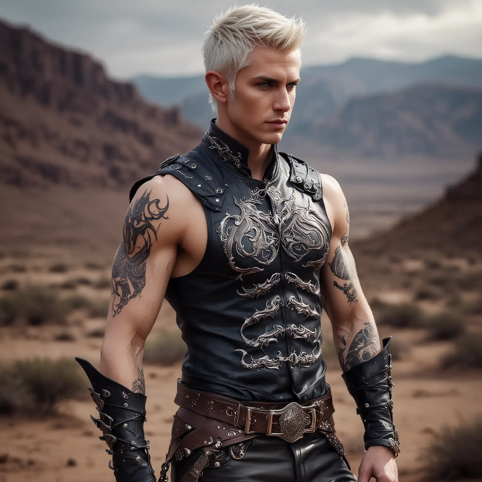 Fantasy Male Elf Dragon Rider with Tattoos and Leather Armor