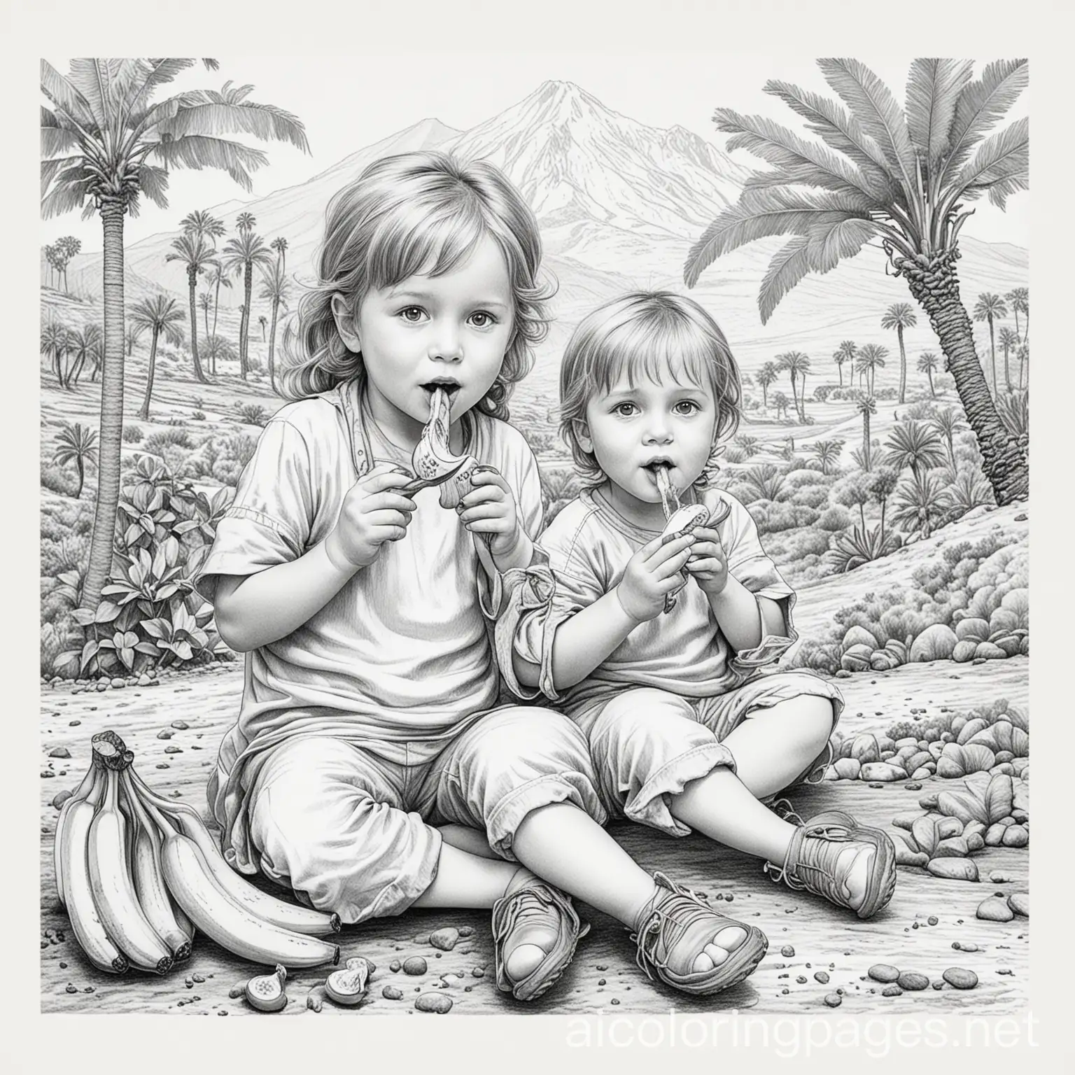 drawing of children eating bananas in teide, Coloring Page, black and white, line art, white background, Simplicity, Ample White Space. The background of the coloring page is plain white to make it easy for young children to color within the lines. The outlines of all the subjects are easy to distinguish, making it simple for kids to color without too much difficulty