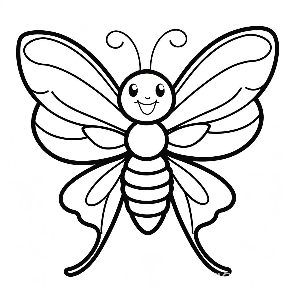 a coloring image of a smily cute utterfly for children, with white background and a simple likely cartoon image. , Coloring Page, black and white, line art, white background, Simplicity, Ample White Space.