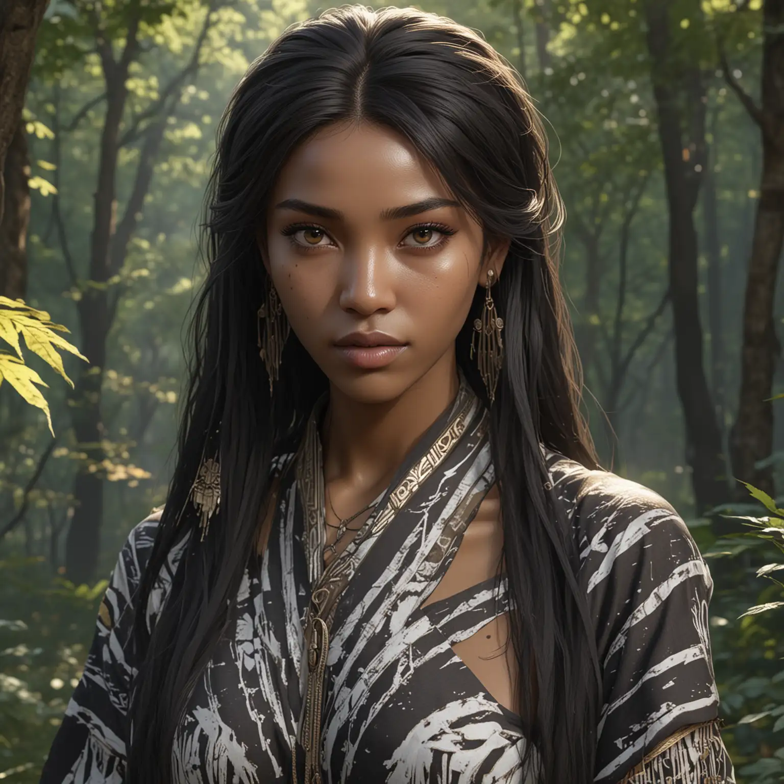 Masterpiece, Best Quality,The Woman, ((Nationality African)),((Black Long Hair)), ((Hazel Eyes)),((GYoun-jung)), photorealistic, Wearing a modest tribal costume, Yoji Shinkawa and Yohji Yamamoto Black Fashion Style, Posing by a forest, Highly Detailed Portrait, Concept Art, ((League of Legends Style Character)), Smooth, 8K Ultra HD, big breast, very hot.