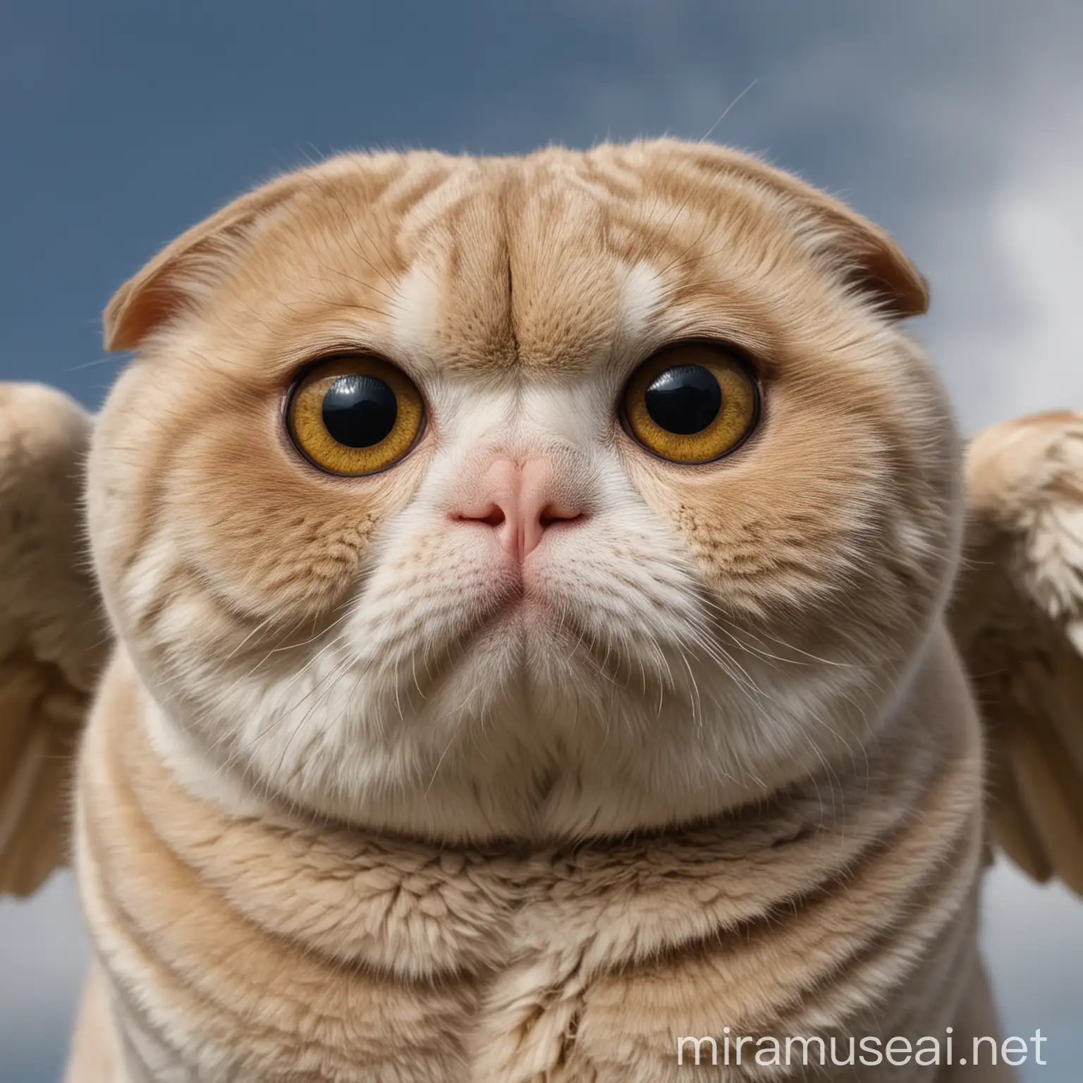 An Scottishfold with a big eyes and eliptic face and desent weight with a wings and glorious photo, looking from the sky to me