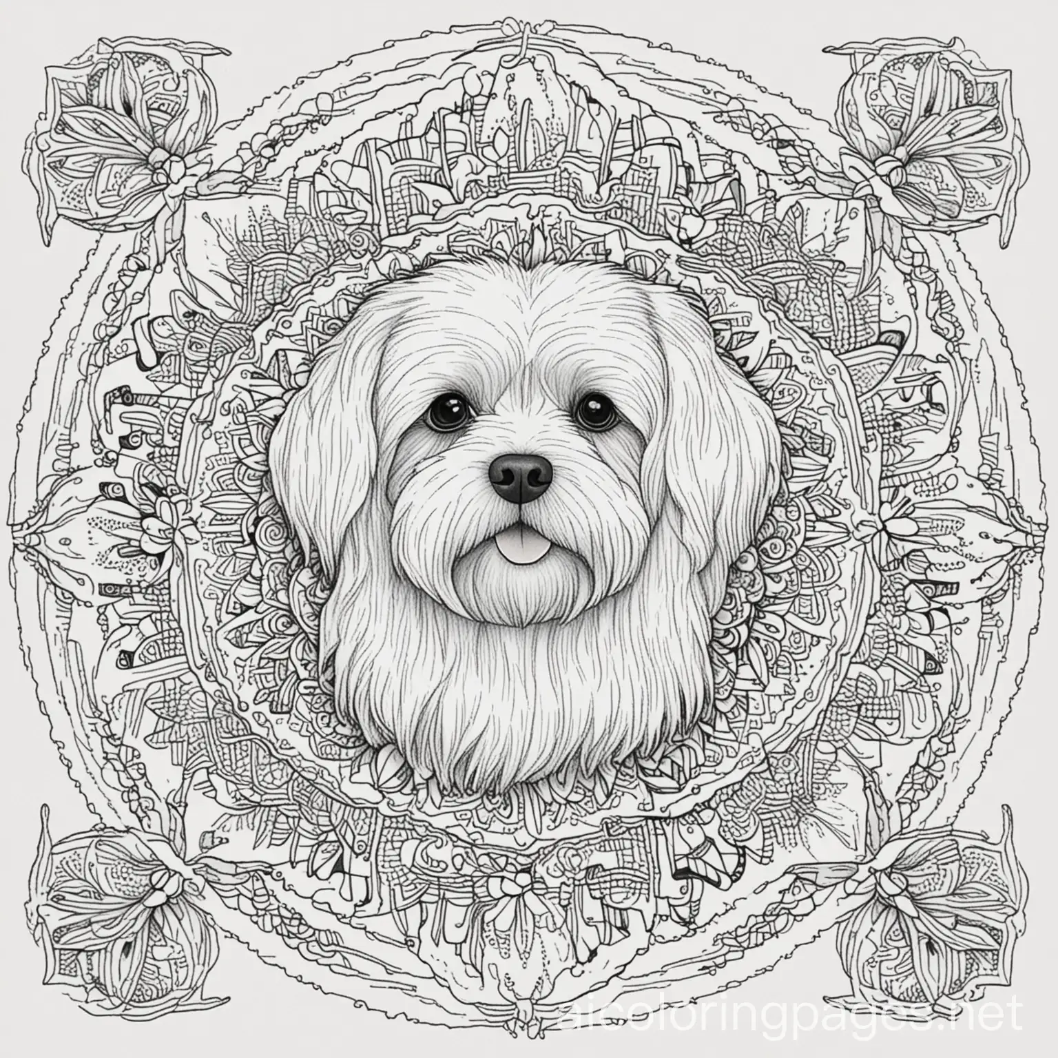 Havanese mandala coloring page
, Coloring Page, black and white, line art, white background, Simplicity, Ample White Space. The background of the coloring page is plain white to make it easy for young children to color within the lines. The outlines of all the subjects are easy to distinguish, making it simple for kids to color without too much difficulty