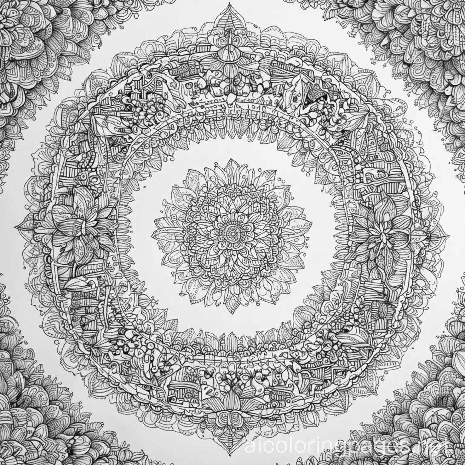 Zen  doodles inside of a mandala garden coloring page, Coloring Page, black and white, line art, white background, Simplicity, Ample White Space. The background of the coloring page is plain white to make it easy for young children to color within the lines. The outlines of all the subjects are easy to distinguish, making it simple for kids to color without too much difficulty