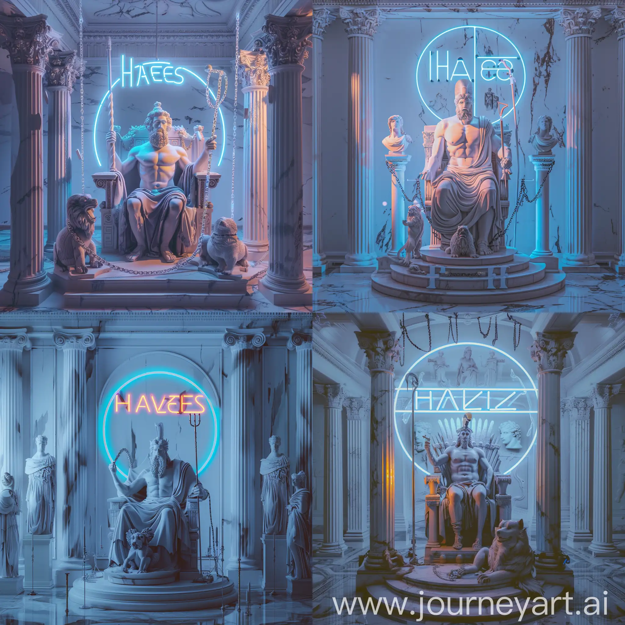 Hades-on-White-Marble-Throne-with-Cerberus-and-Neon-Inscription