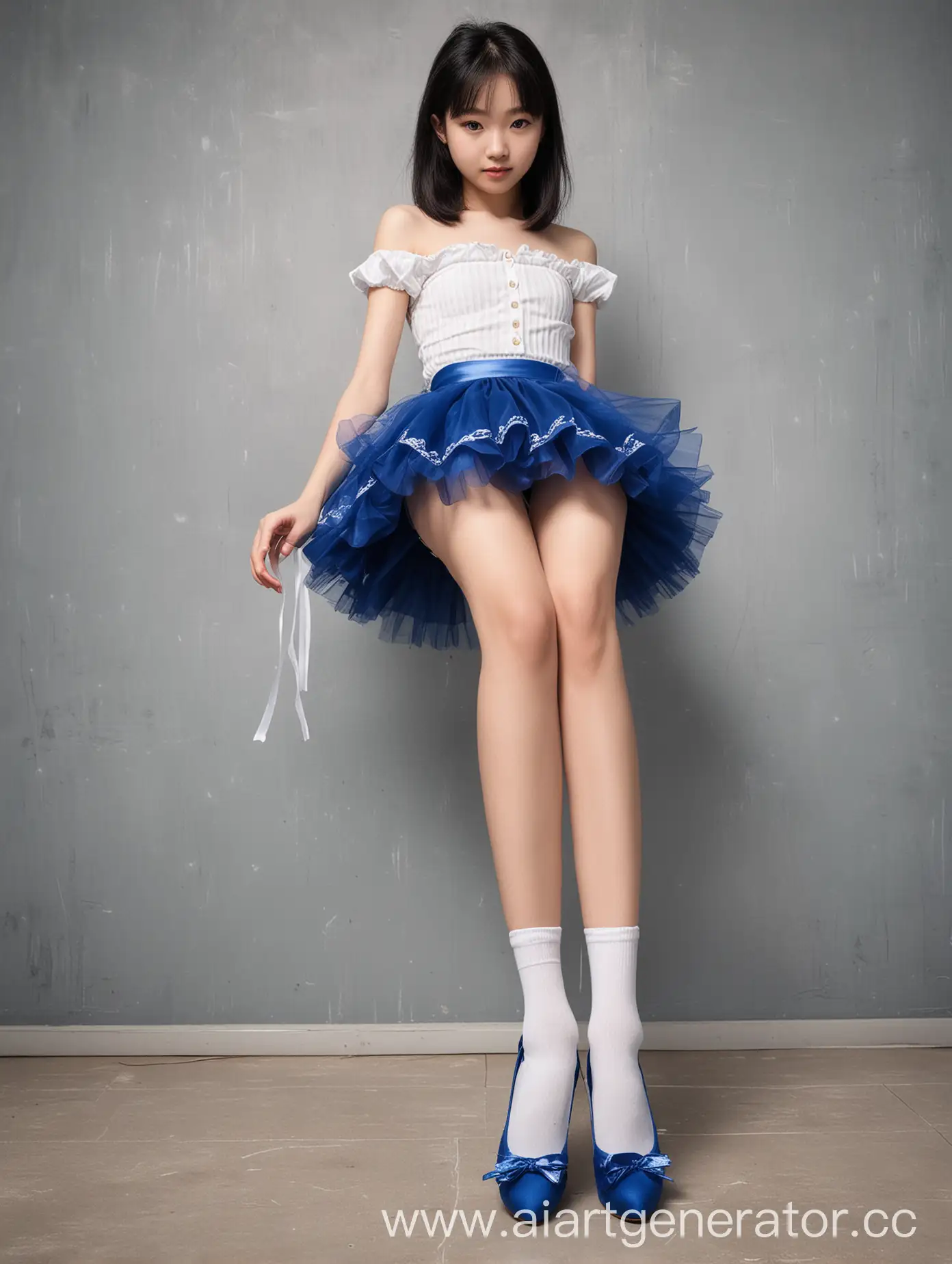 穿着蓝色纱裙，露出穿着白丝袜的腿和穿着高跟鞋的脚的14岁中国女孩