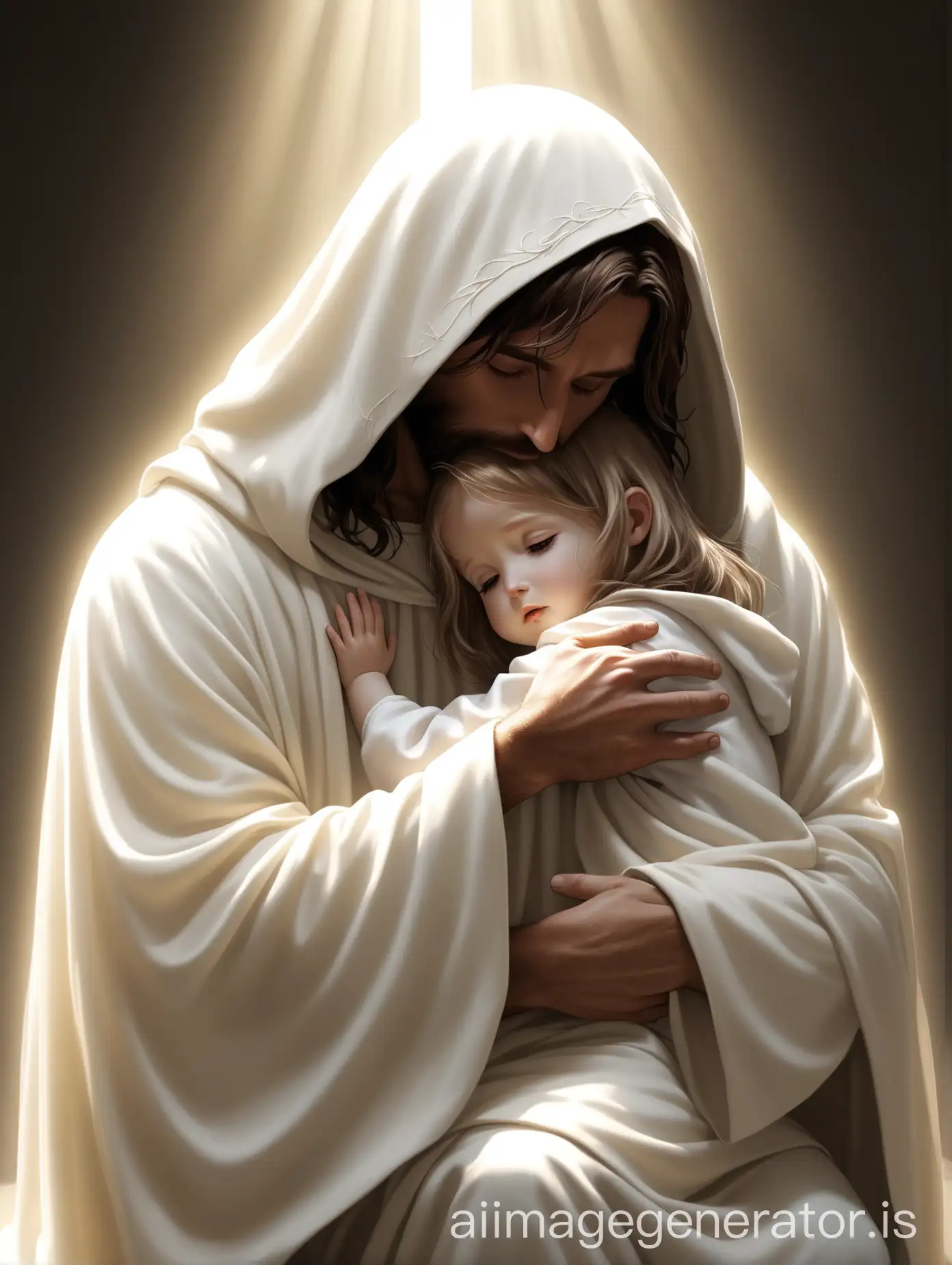 Jesus Christ kneeled down hugging a little girl. The little girl is resting in Jesus arms and Jesus Christ is wearing a white hood that covers his face and only allows the viewer to see his hair and light coming out of the hood