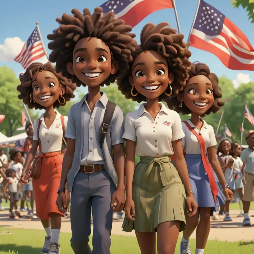 Joyful African American Family Celebrating Juneteenth in Cartoon Park Setting