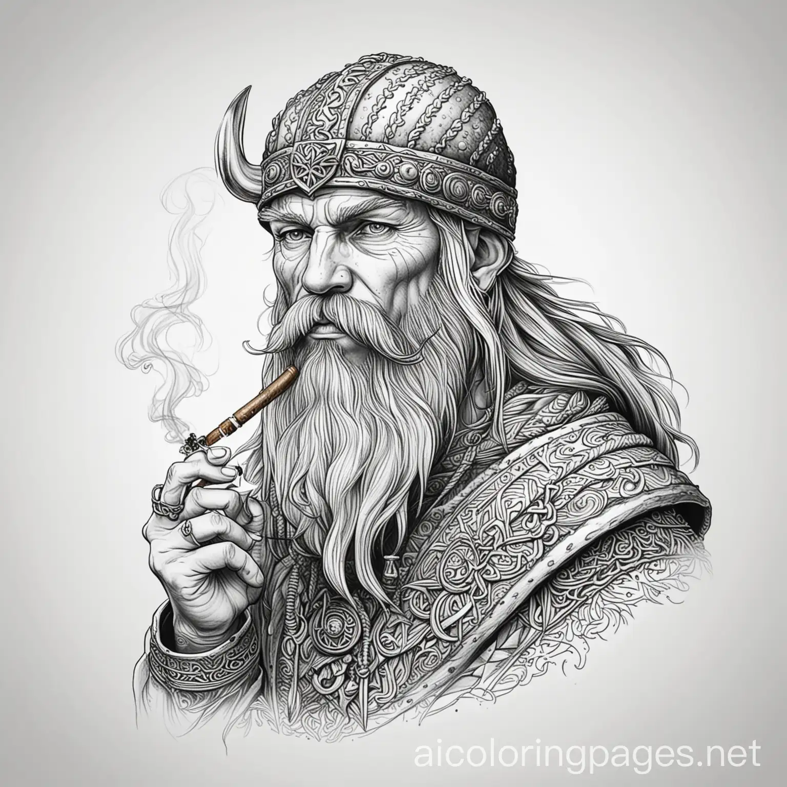viking smoking cannabis, Coloring Page, black and white, line art, white background, Simplicity, Ample White Space. The background of the coloring page is plain white to make it easy for young children to color within the lines. The outlines of all the subjects are easy to distinguish, making it simple for kids to color without too much difficulty