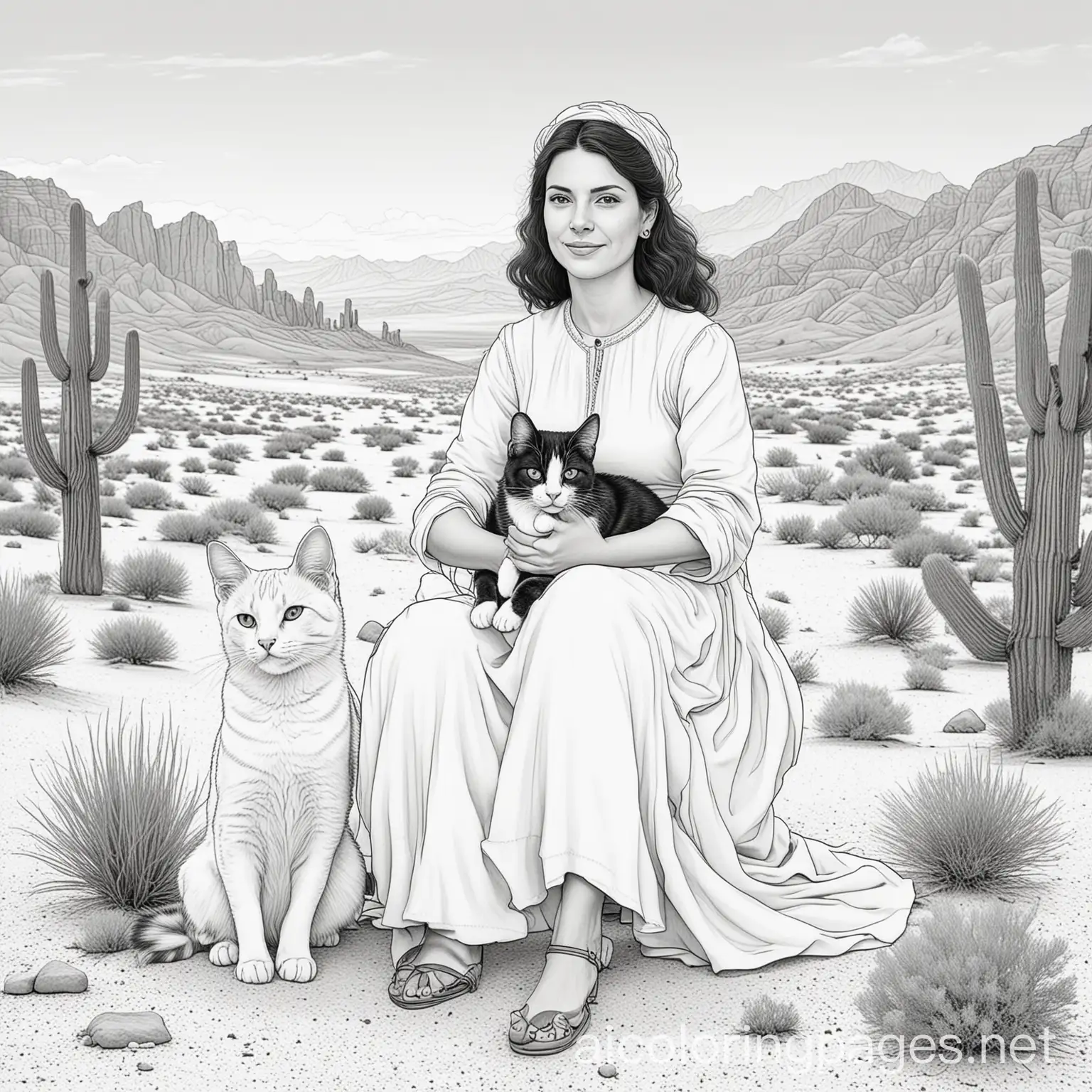 Aunt Sara with her two cats in the desert, Coloring Page, black and white, line art, white background, Simplicity, Ample White Space. The background of the coloring page is plain white to make it easy for young children to color within the lines. The outlines of all the subjects are easy to distinguish, making it simple for kids to color without too much difficulty