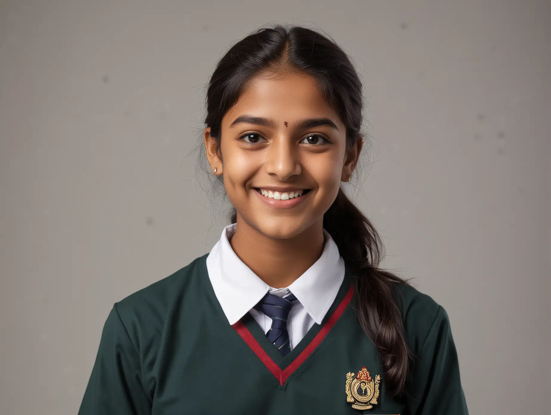 A photo of an Indian high school student, wearing a school uniform, smiling. It's a half-body shot with a clean background.