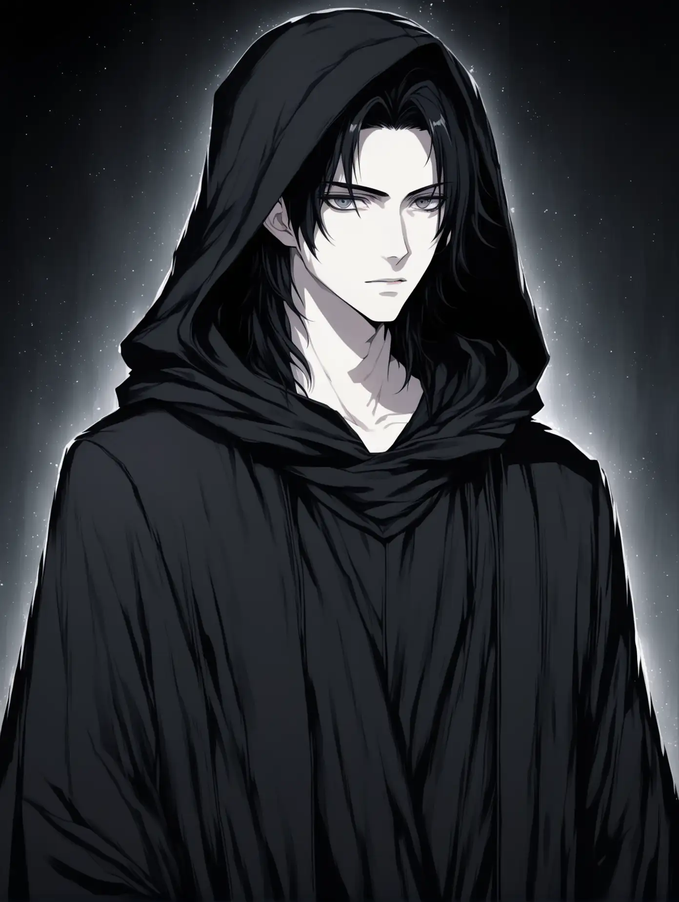 2D anime art. A young man with pale skin, long black hair and dark gray eyes. Dressed in a black robe with a hood. Handsome, thin fit young male. Kind face. 