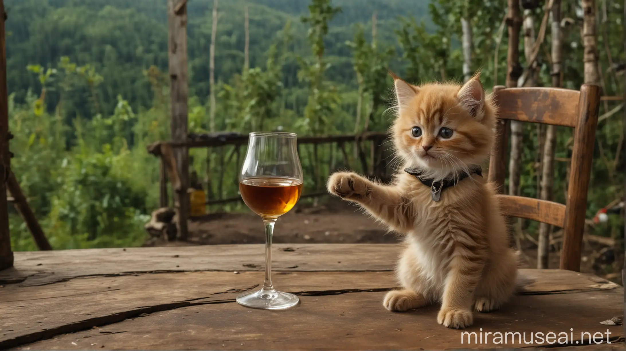 маленький пушистый котенок сидит на стуле за столом и держит в одной лапе стакан с ромом и на заднем фоне завод и лес