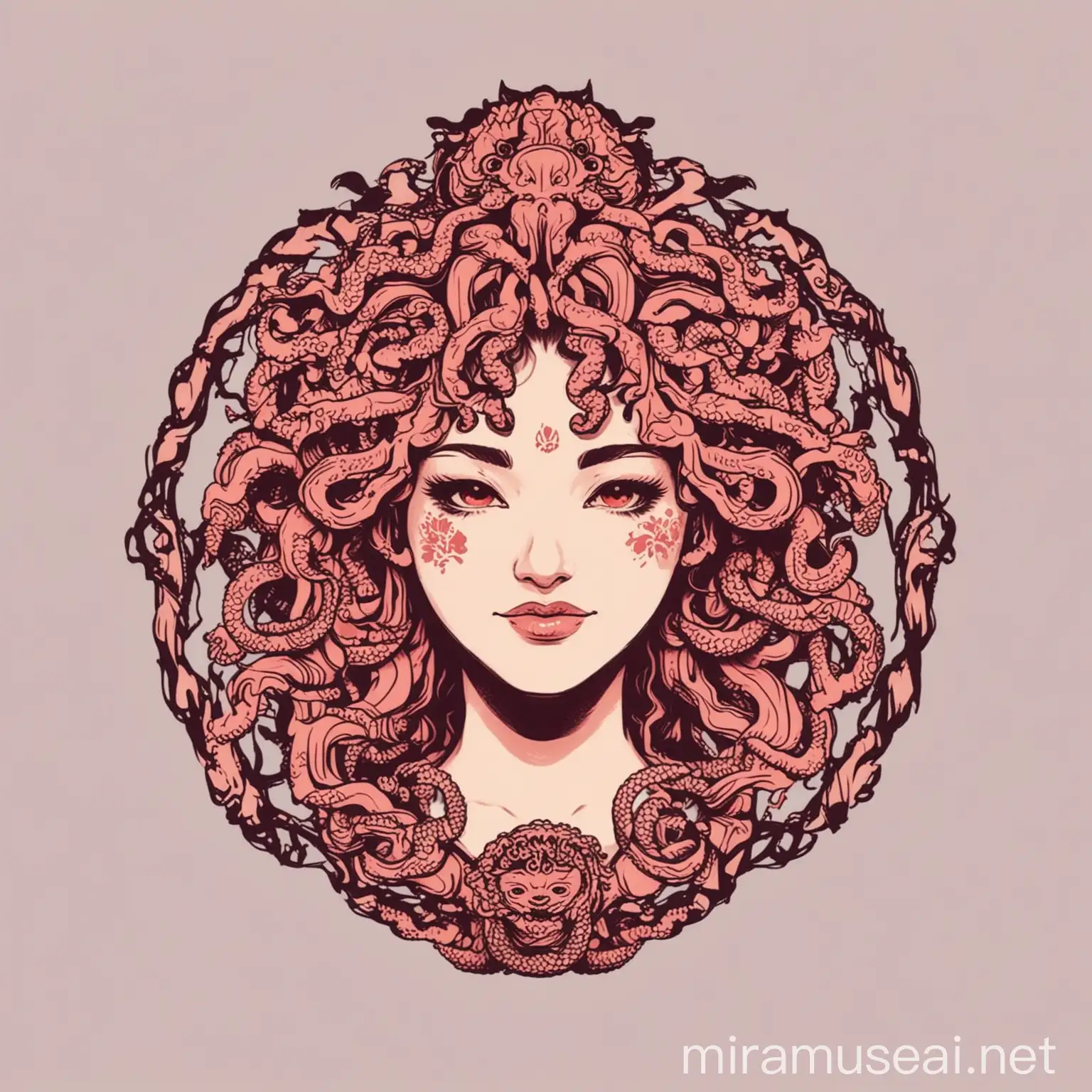 Sakura Color Gorgon Medusa Silhouette Minimalist Icon Design with a Smiling Twist