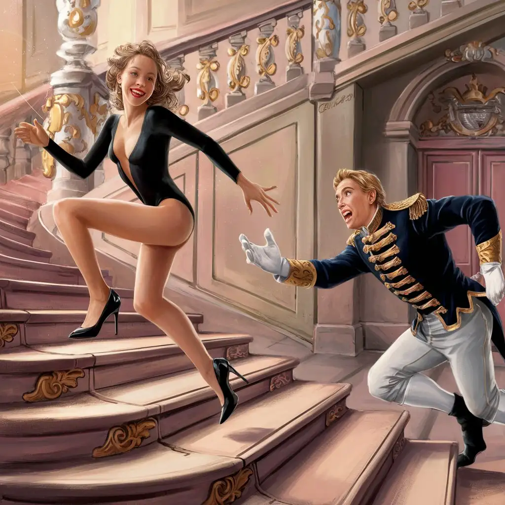 A charming, laughing young white European woman, dressed in body-hugging thin underwear and shod with stilettos, jumps several steps at once, rushing down to the foot of the grand staircase of the royal palace.  She is pursued by a prince dressed in a ceremonial royal uniform.  The prince cannot catch up with the woman and therefore stretches out his hands after her in a gesture full of despair.