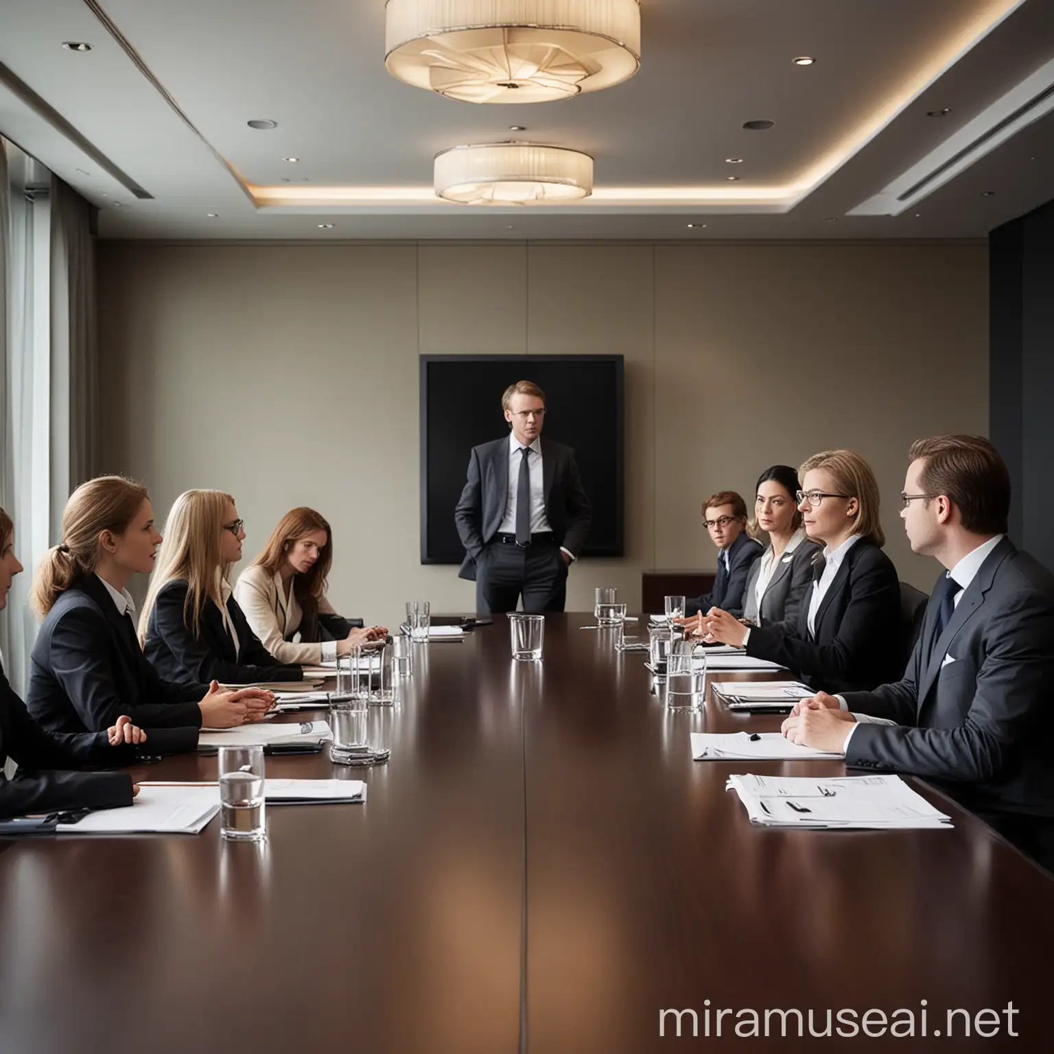 Depict a scene of seasoned professionals in an executive boardroom or a high-end corporate training facility. The participants should appear in formal business attire, interacting in a strategic workshop or seminar. The setting should be elegant and minimalistic, emphasizing the high stakes and advanced nature of their discussions.