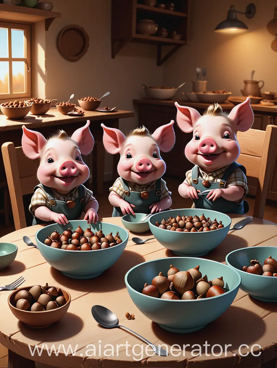 Three-Piglets-Dining-with-Acorns-Cartoon-Style-Scene