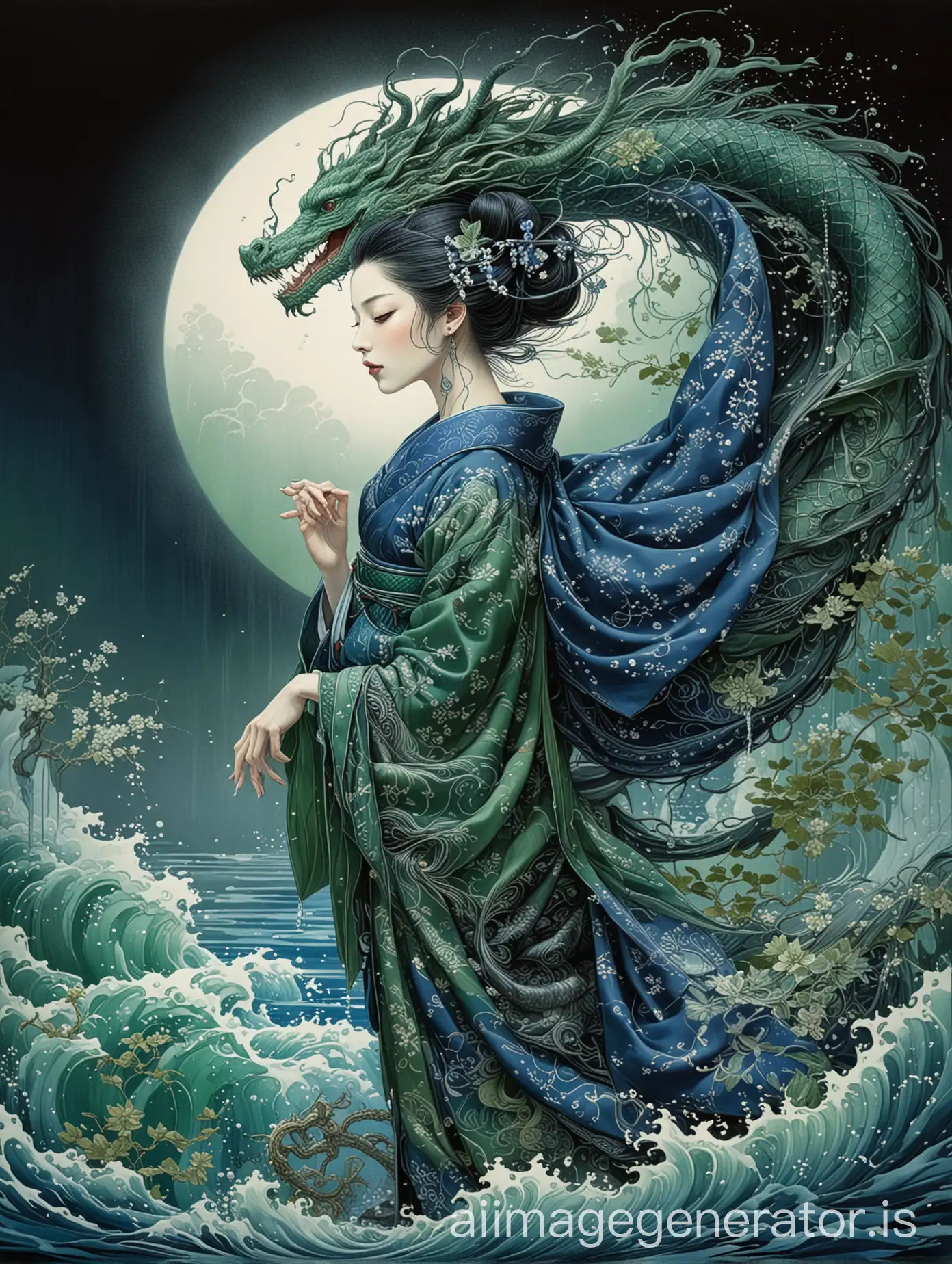 Yoshitaka Amano art style, Kay Nielsen style, woman in intricate  blue kimono with green embroidery, emerging from water, embracing a japanese style dragon with blue and green scales, fullmoon in the background